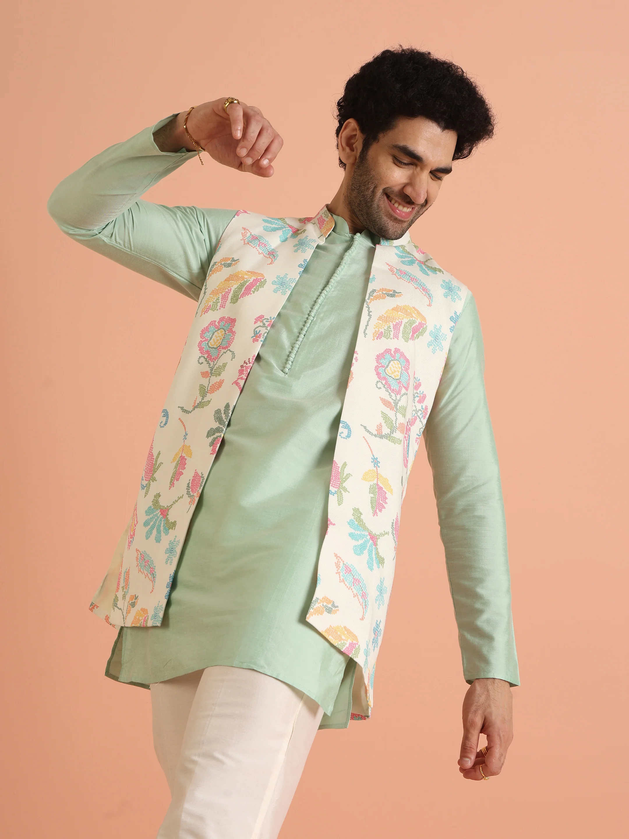 Mint Green Cotton Silk Floral Nehru Jacket Kurta Trouser - Image 9