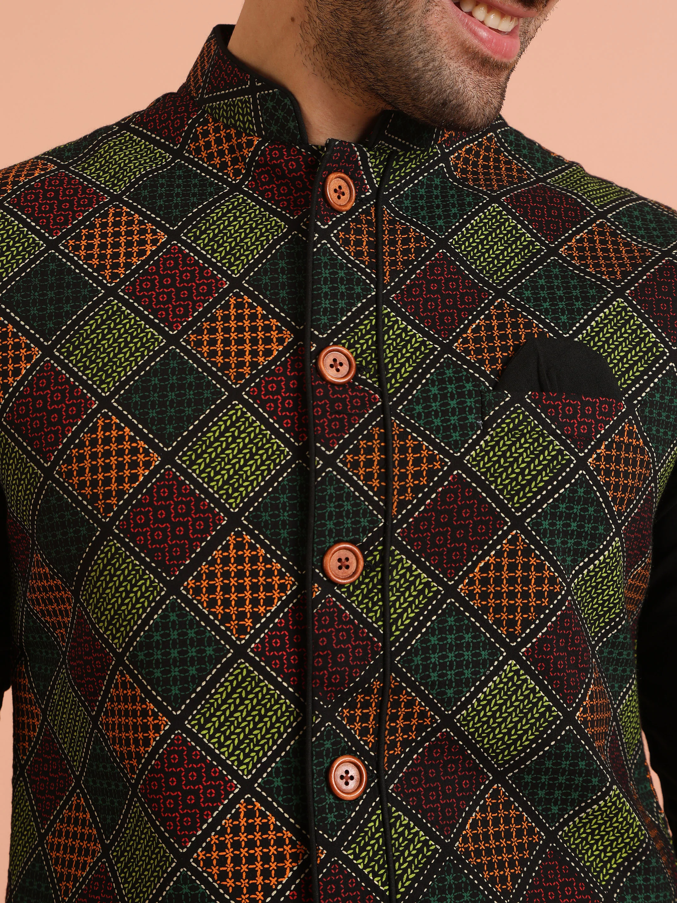 Black Multicolour Jacket Kurta Trouser Set - Image 5
