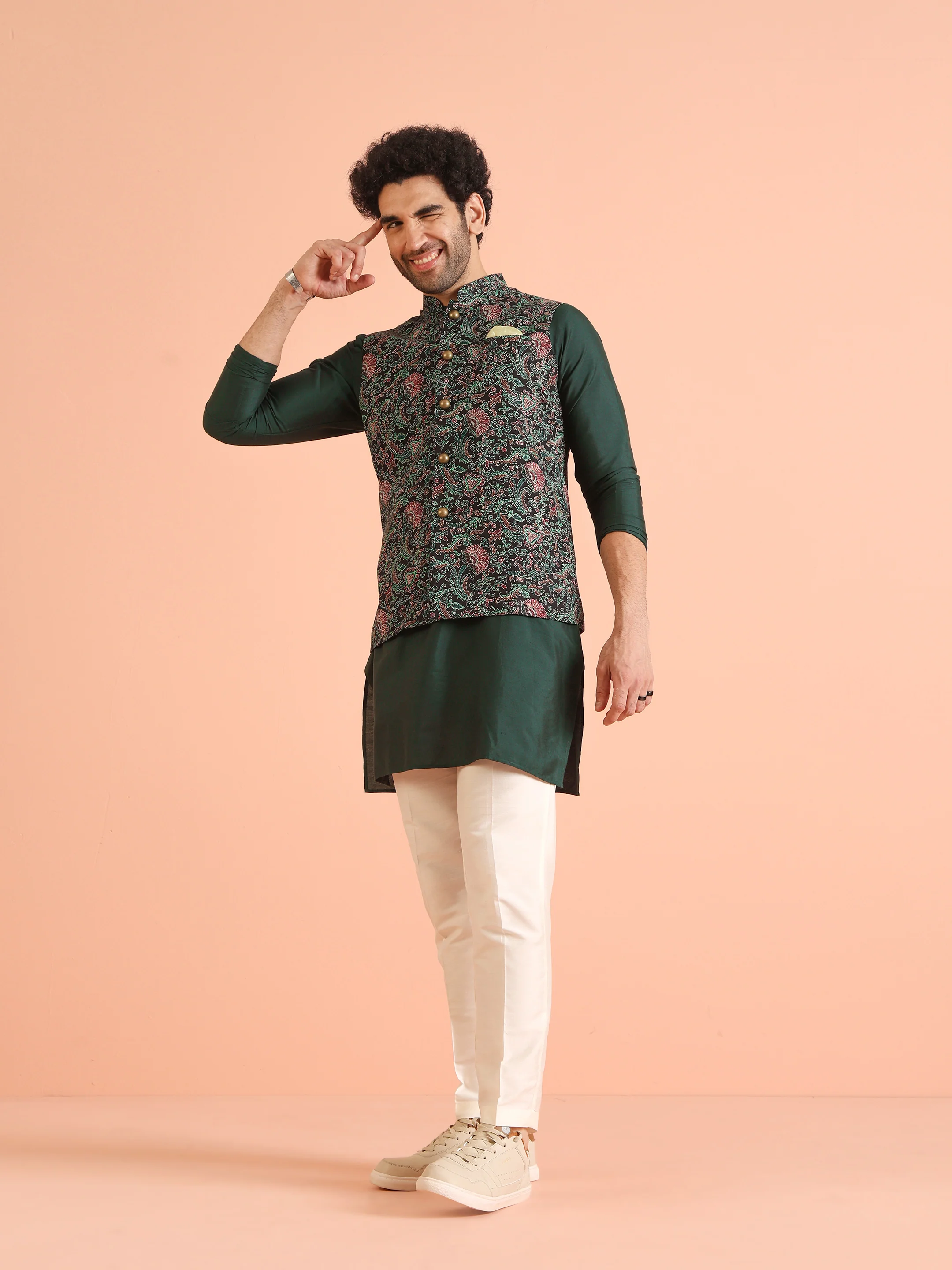 Green Multi Kantha Print Jacket Kurta Trouser Set