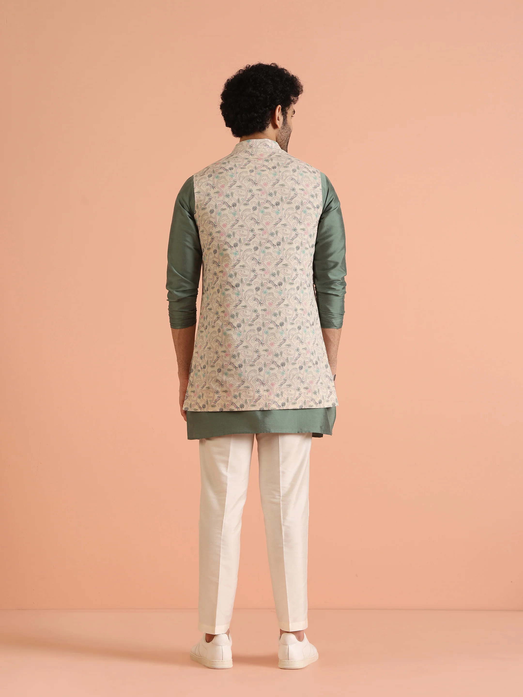 Green Silk Blend Printed Jacket Kurta Trouser Set - Image 3