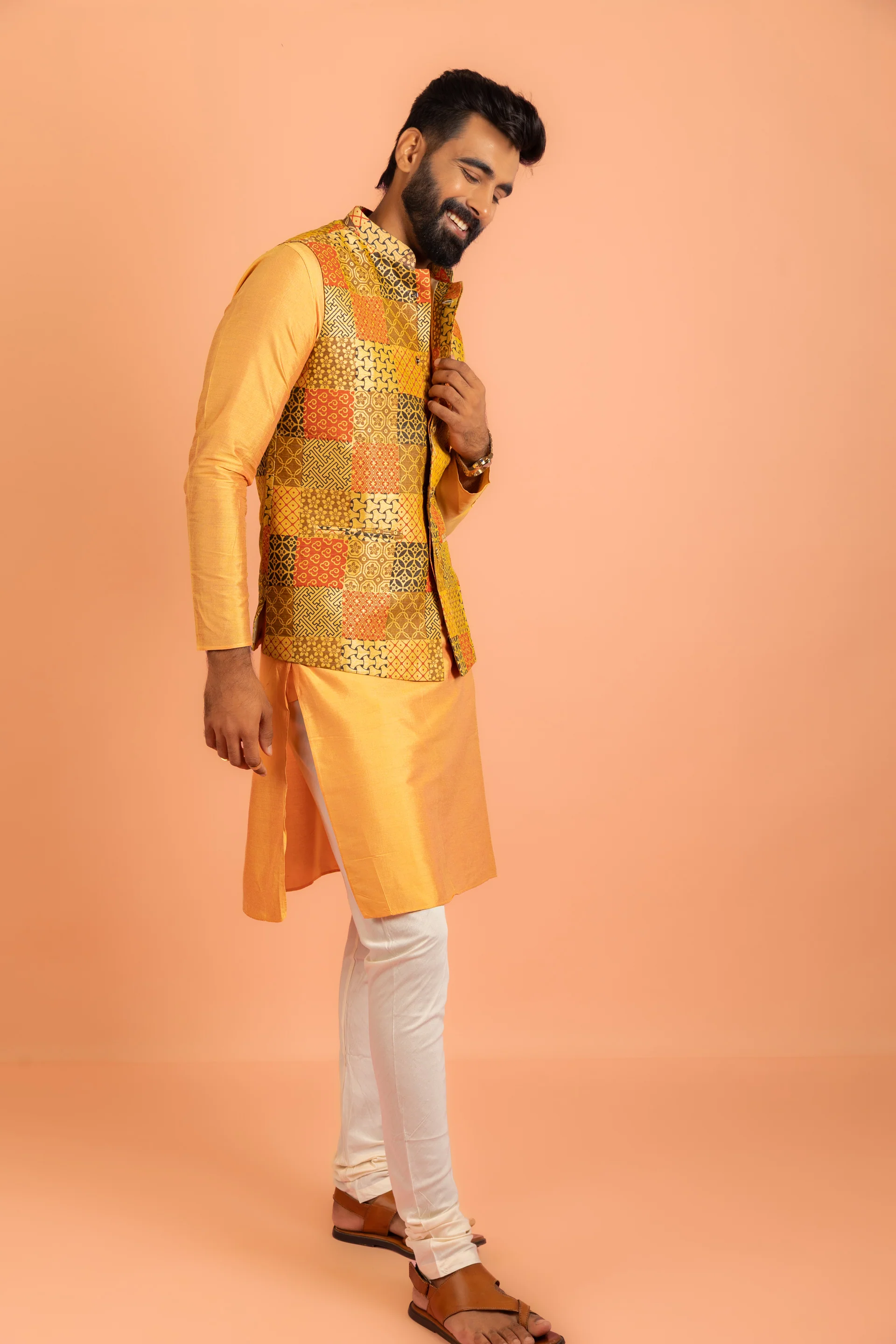 Yellow Silk Printed Nehru Jacket Kurta Churidar - Image 3