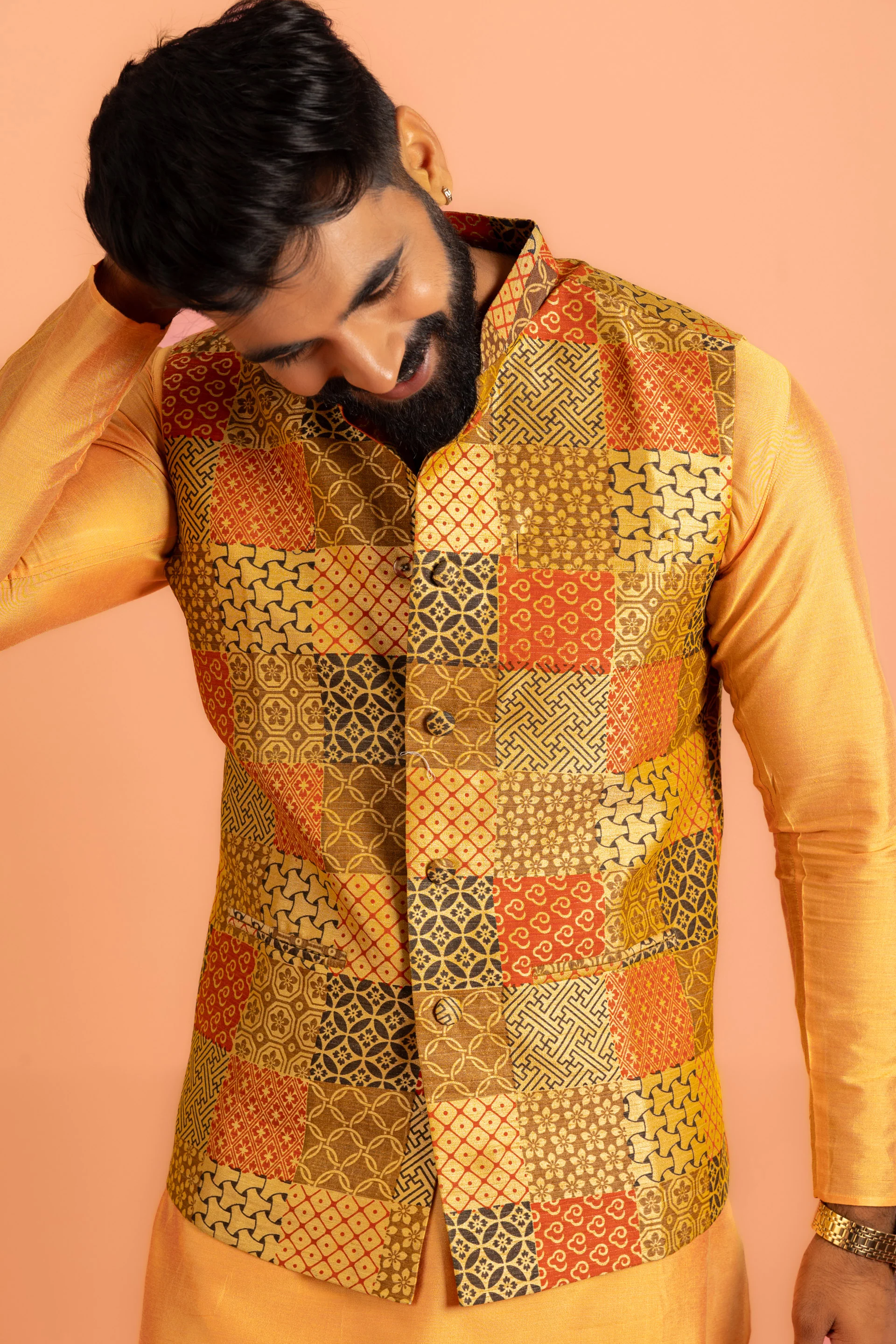 Yellow Silk Printed Nehru Jacket Kurta Churidar - Image 5