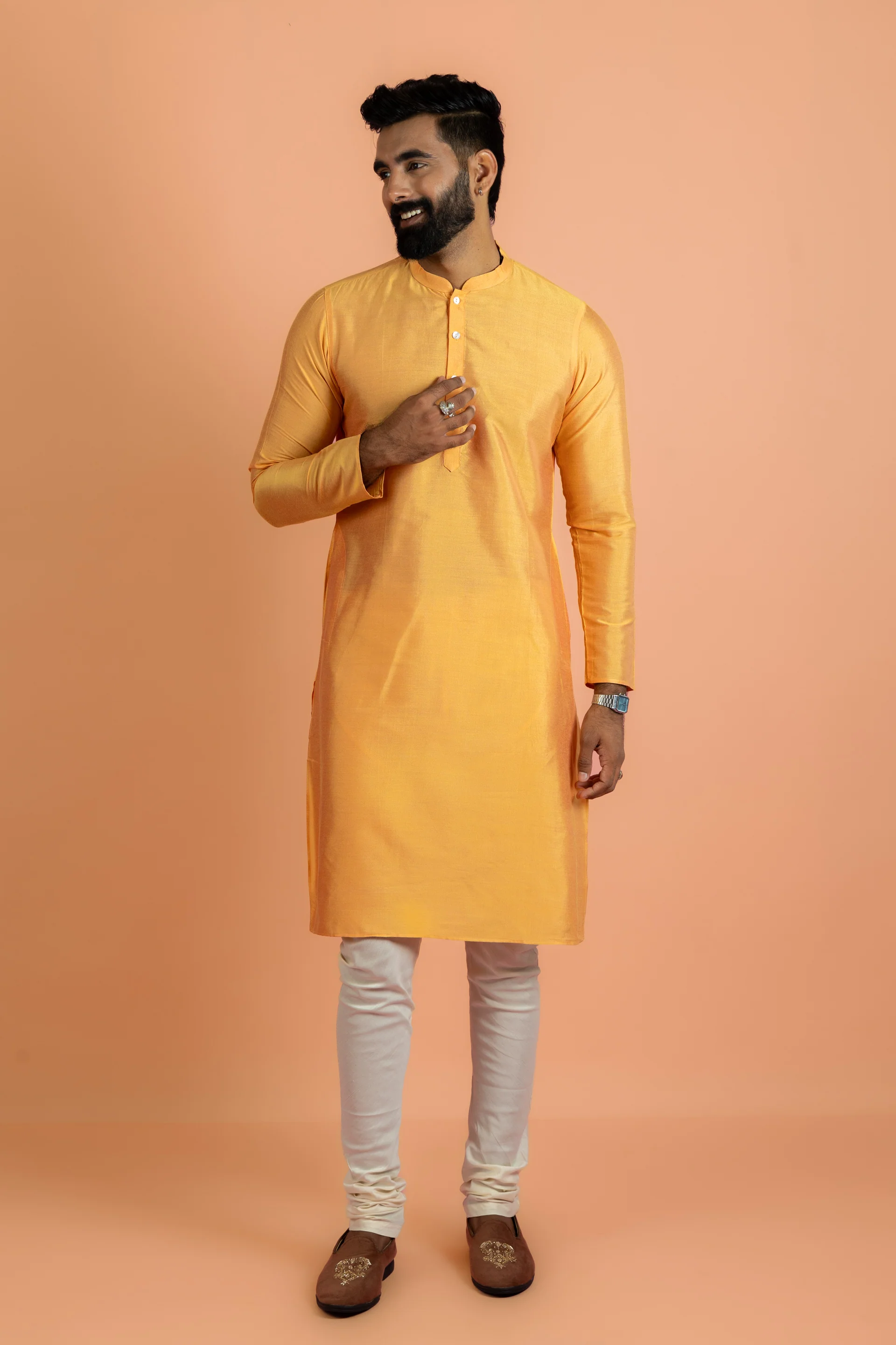 Yellow Silk Printed Nehru Jacket Kurta Churidar - Image 6