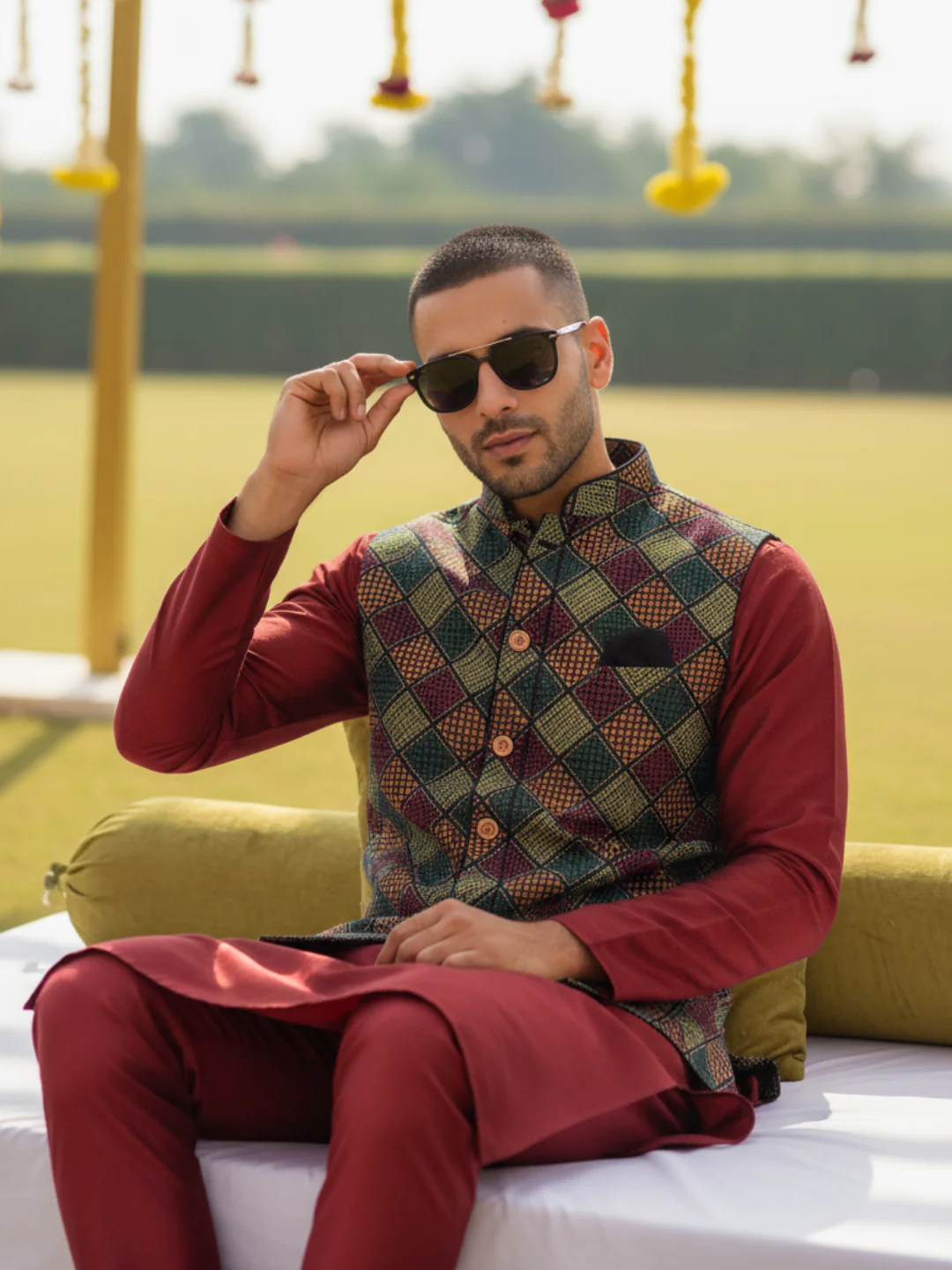 Multicolor Printed Nehru Jacket Kurta Churidar - Image 10