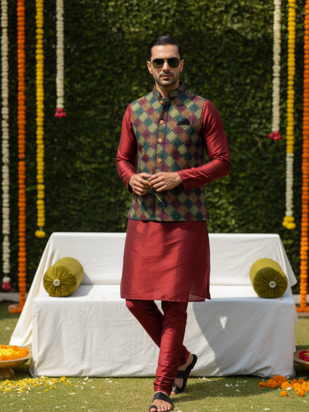 Multicolor Printed Nehru Jacket Kurta Churidar - Image 2