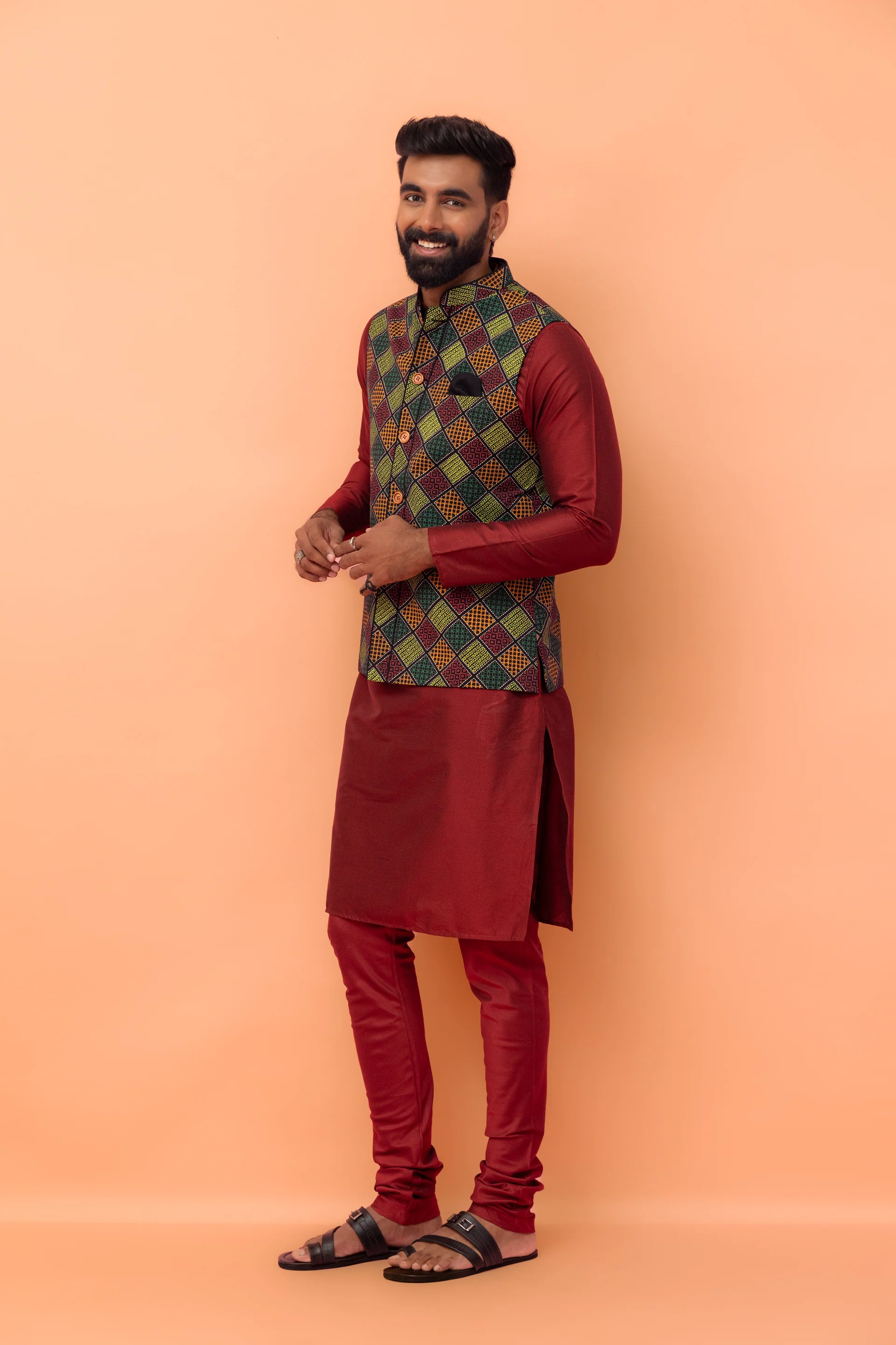 Multicolor Printed Nehru Jacket Kurta Churidar - Image 3