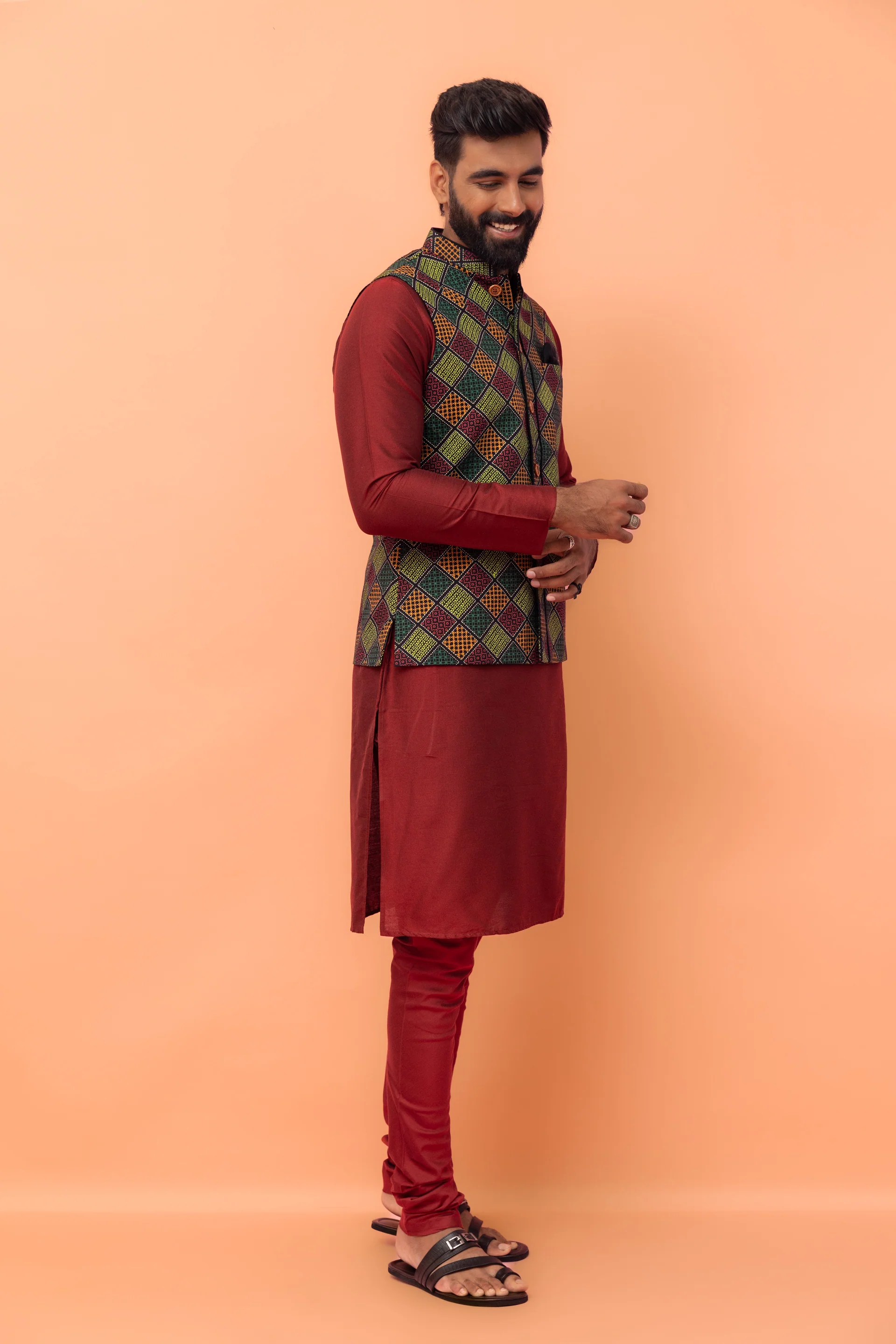 Multicolor Printed Nehru Jacket Kurta Churidar - Image 4