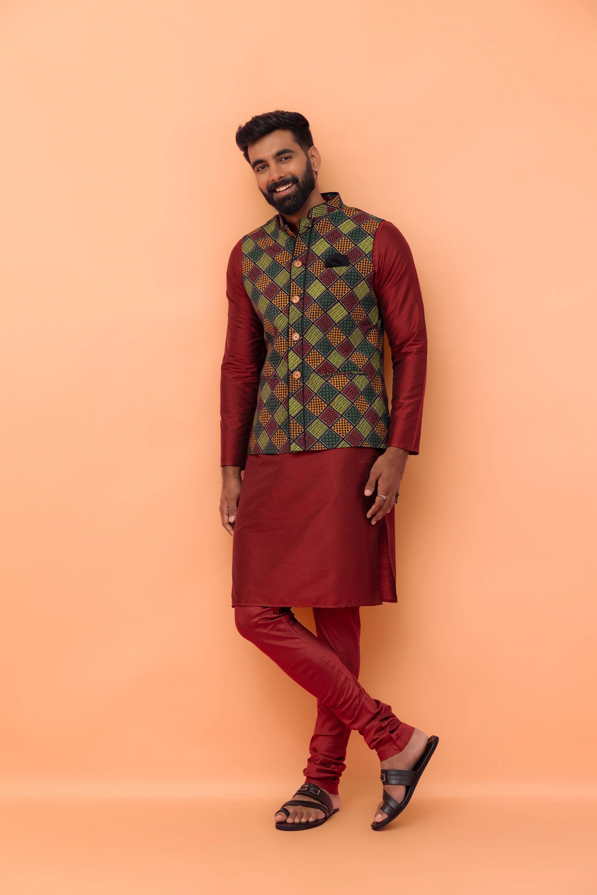 Multicolor Printed Nehru Jacket Kurta Churidar - Image 9