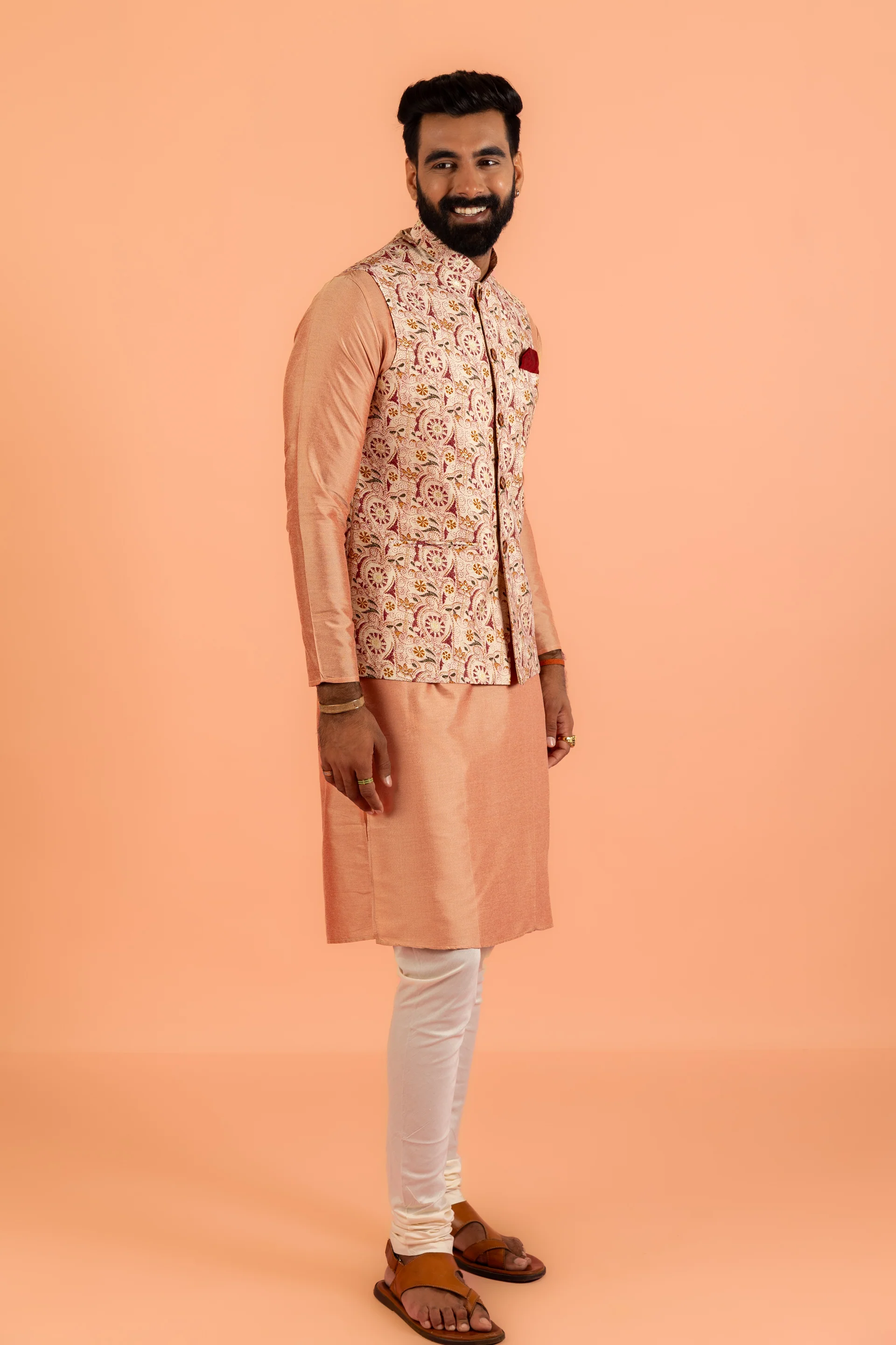 Peach Silk Blend Kurta Churidar with Printed Jacket - Image 3