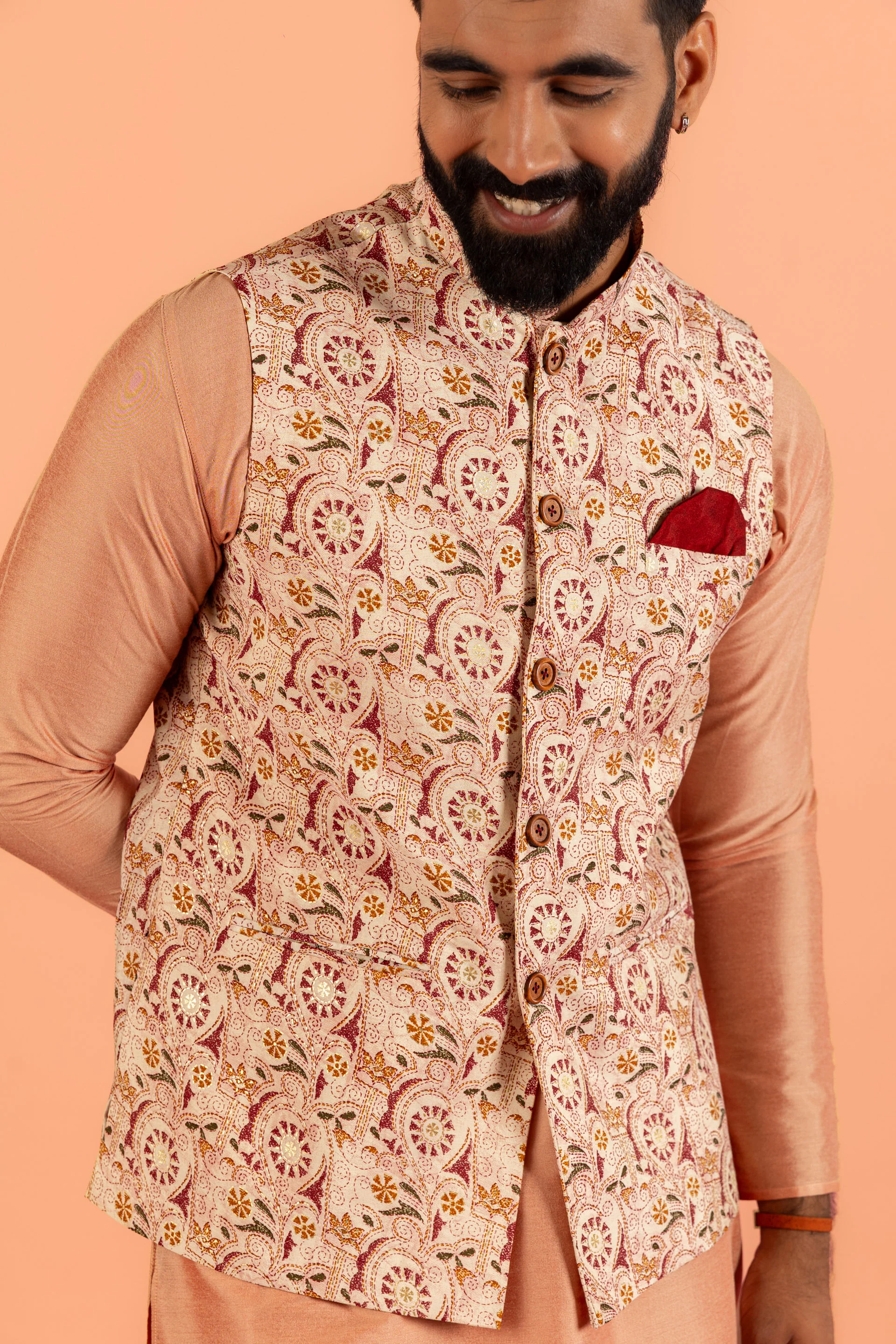 Peach Silk Blend Kurta Churidar with Printed Jacket - Image 5