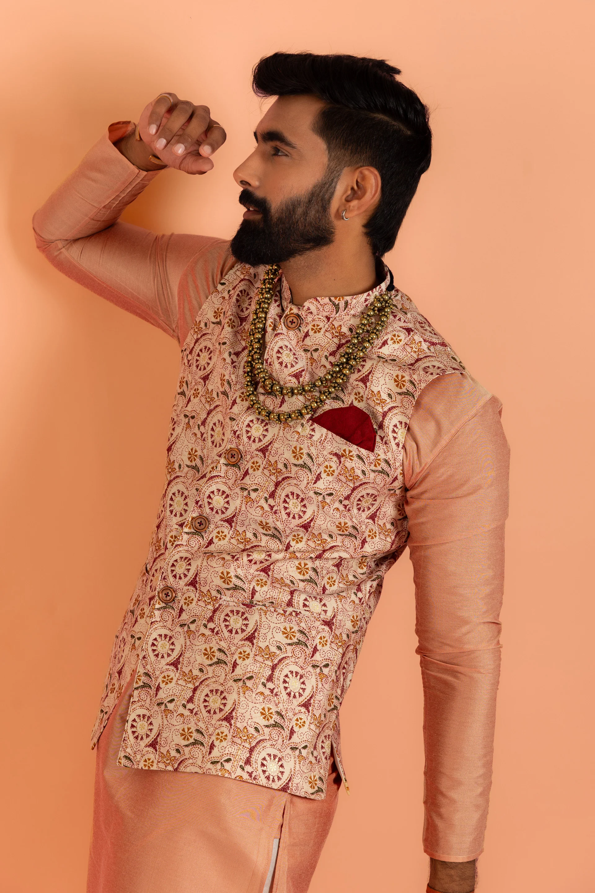Peach Silk Blend Kurta Churidar with Printed Jacket - Image 7