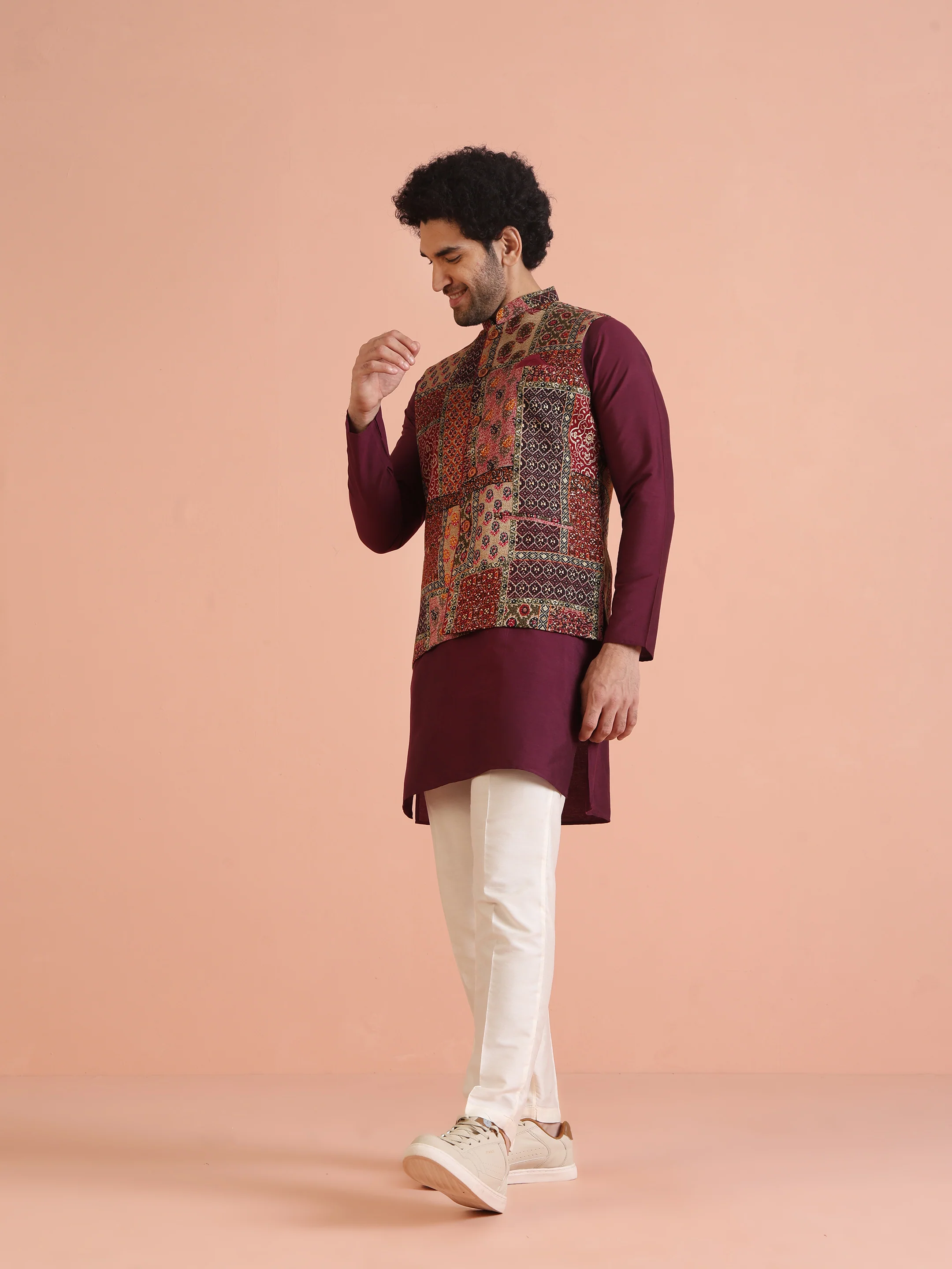 Multi Color Art Silk Printed Nehru Jacket Bundi Set with Kurta and Trouser - Image 3