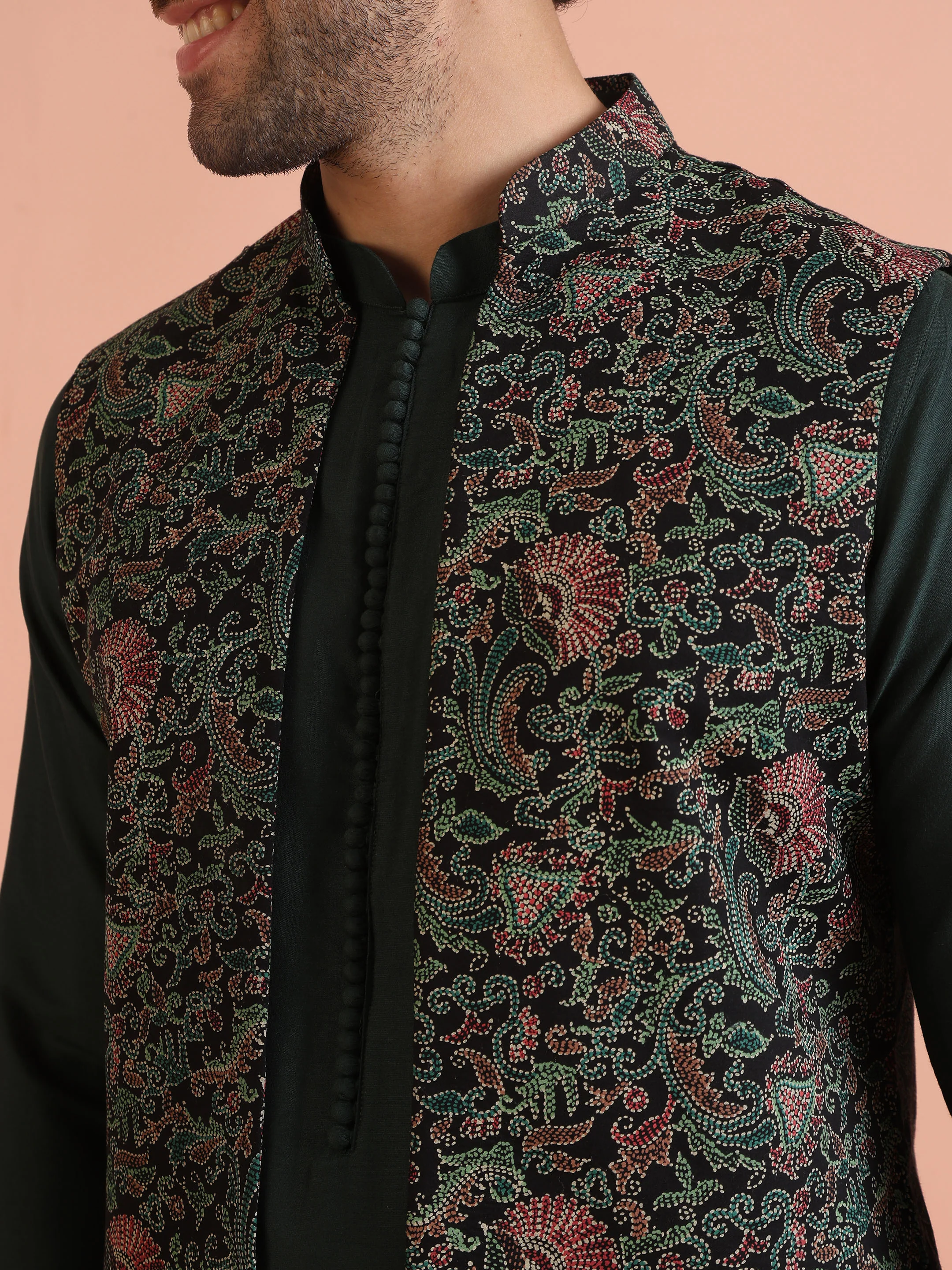 Multicolor Printed Nehru Jacket Green Kurta Set - Image 5