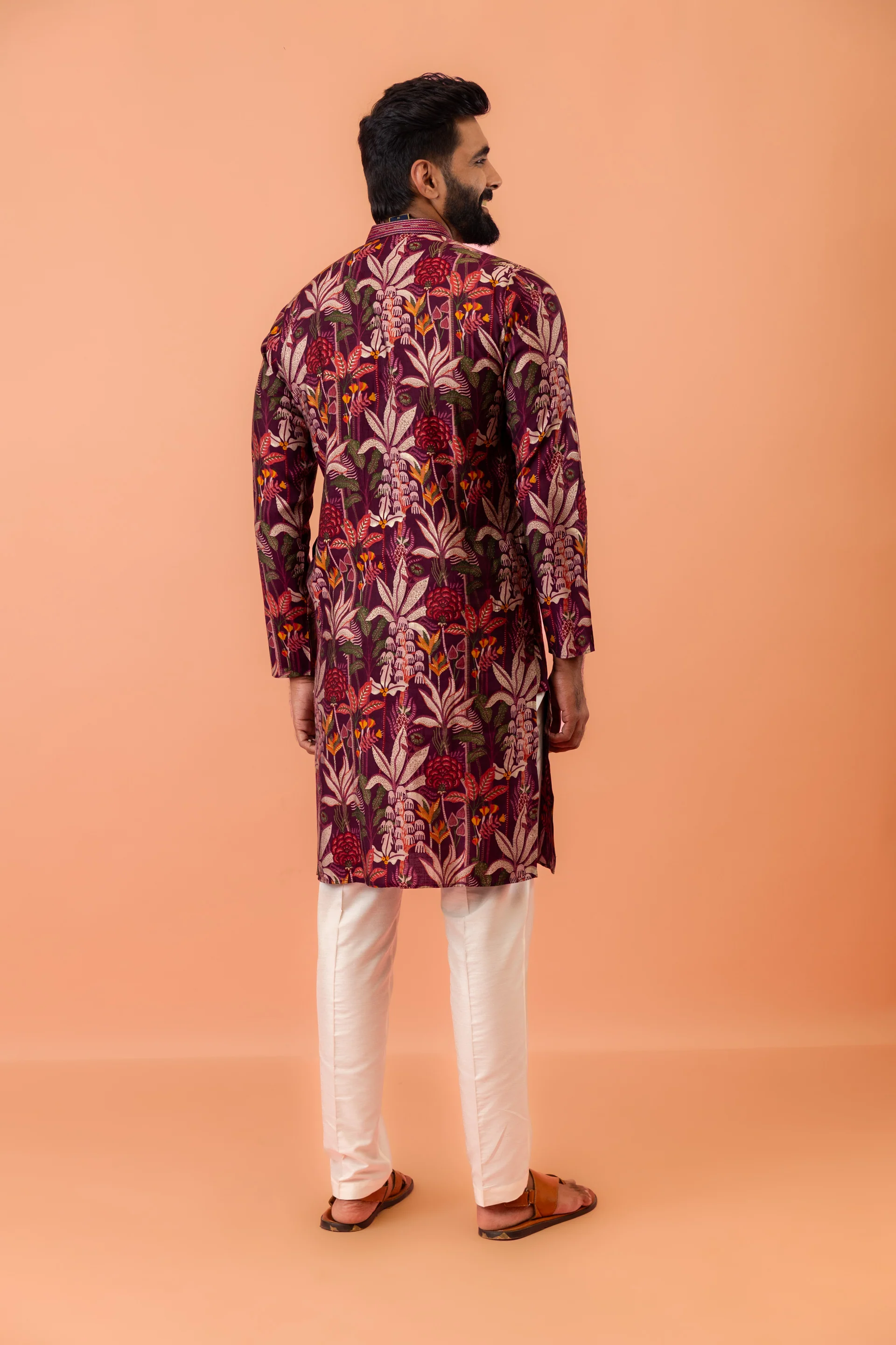 Men Maroon Multi-Color Floral Printed Kurta Set - Image 6
