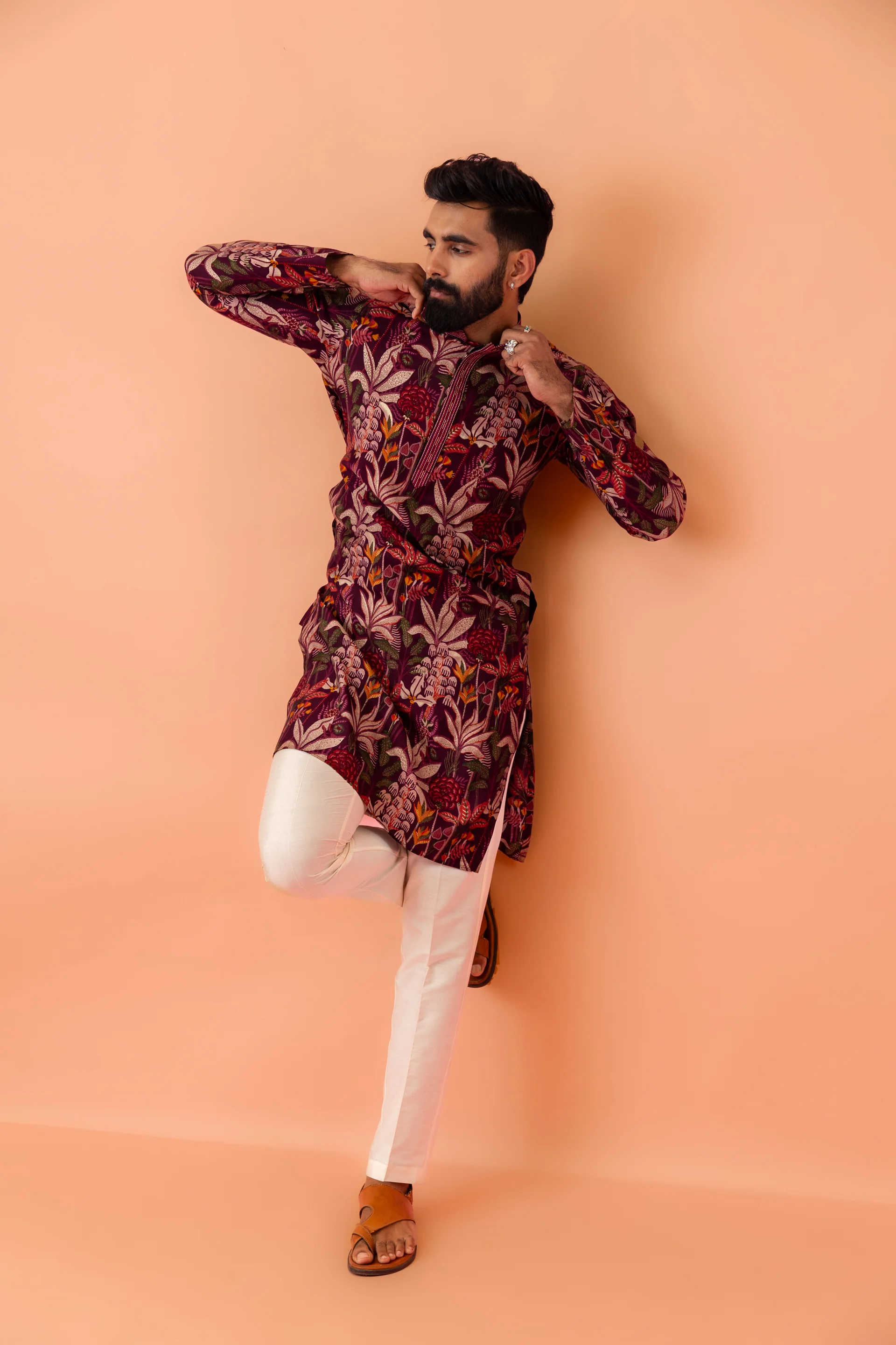 Men Maroon Multi-Color Floral Printed Kurta Set - Image 9