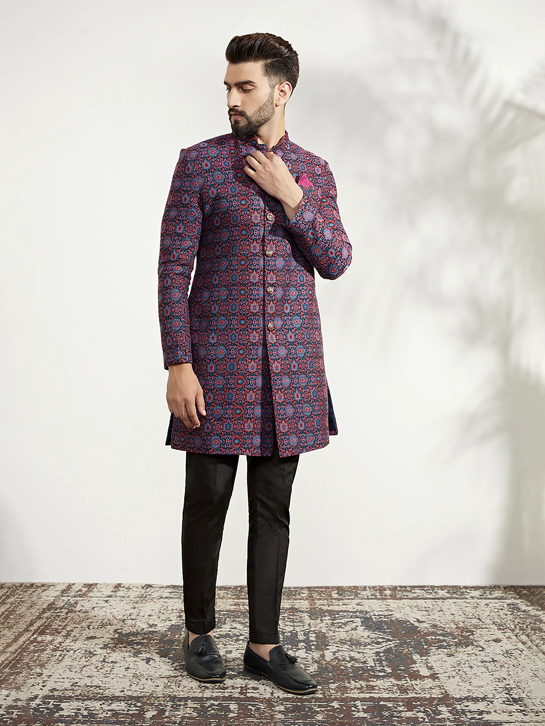 Men Multi Coloured Textured Indowestern Trouser Set - Image 2