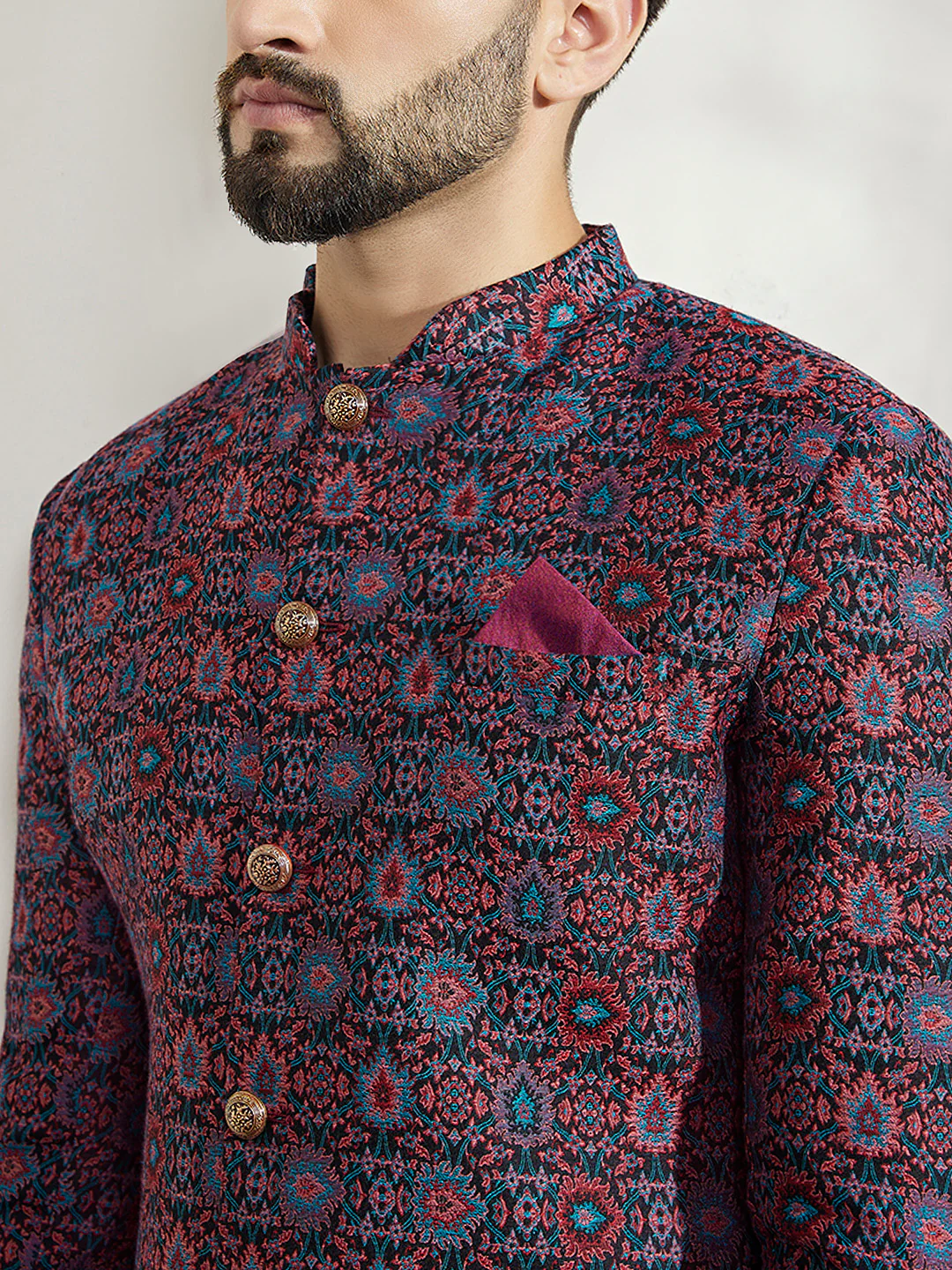 Men Multi Coloured Textured Indowestern Trouser Set - Image 5