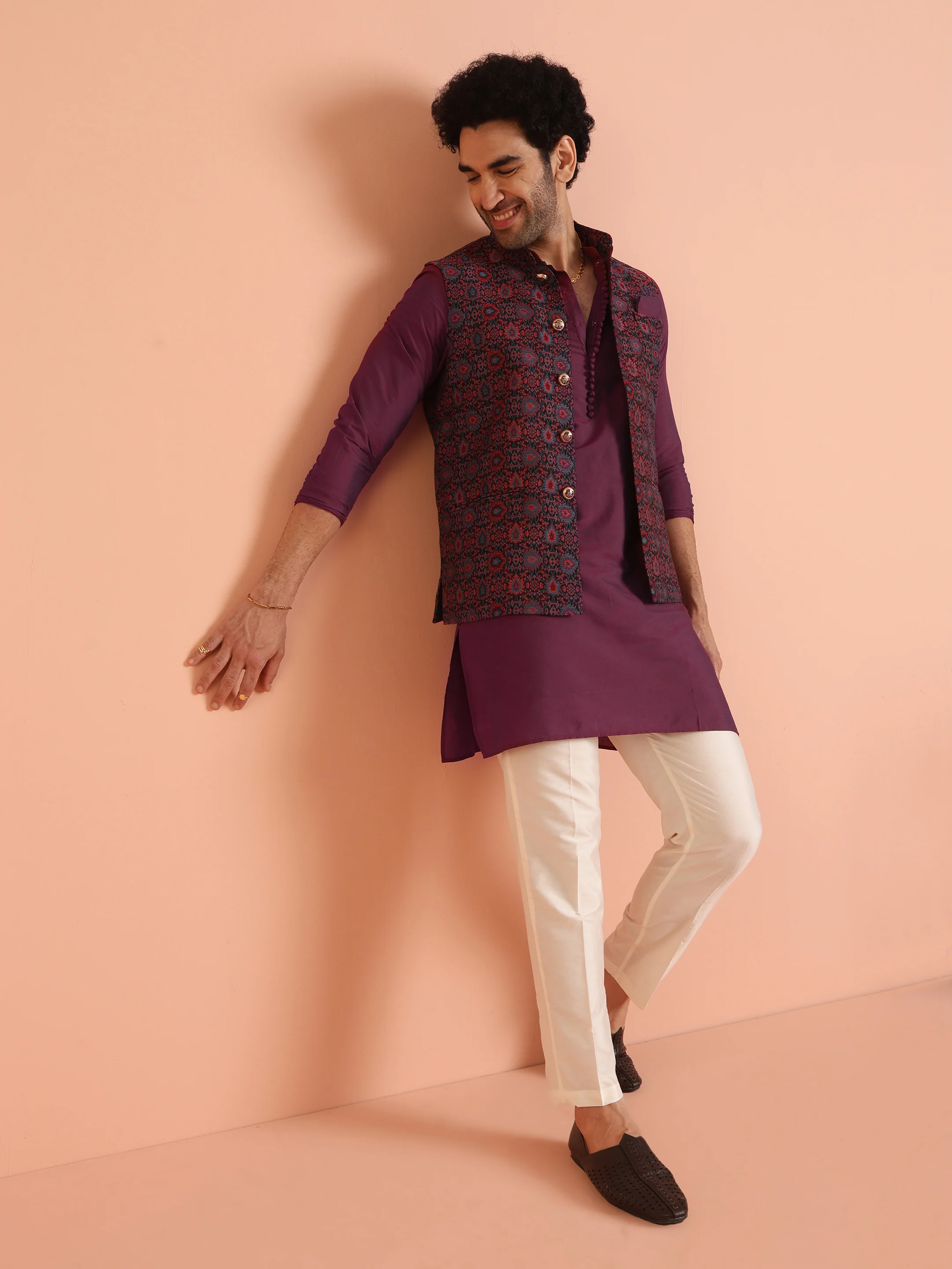 Wine Silk Blend Printed Jacket Kurta Trouser Set - Image 2