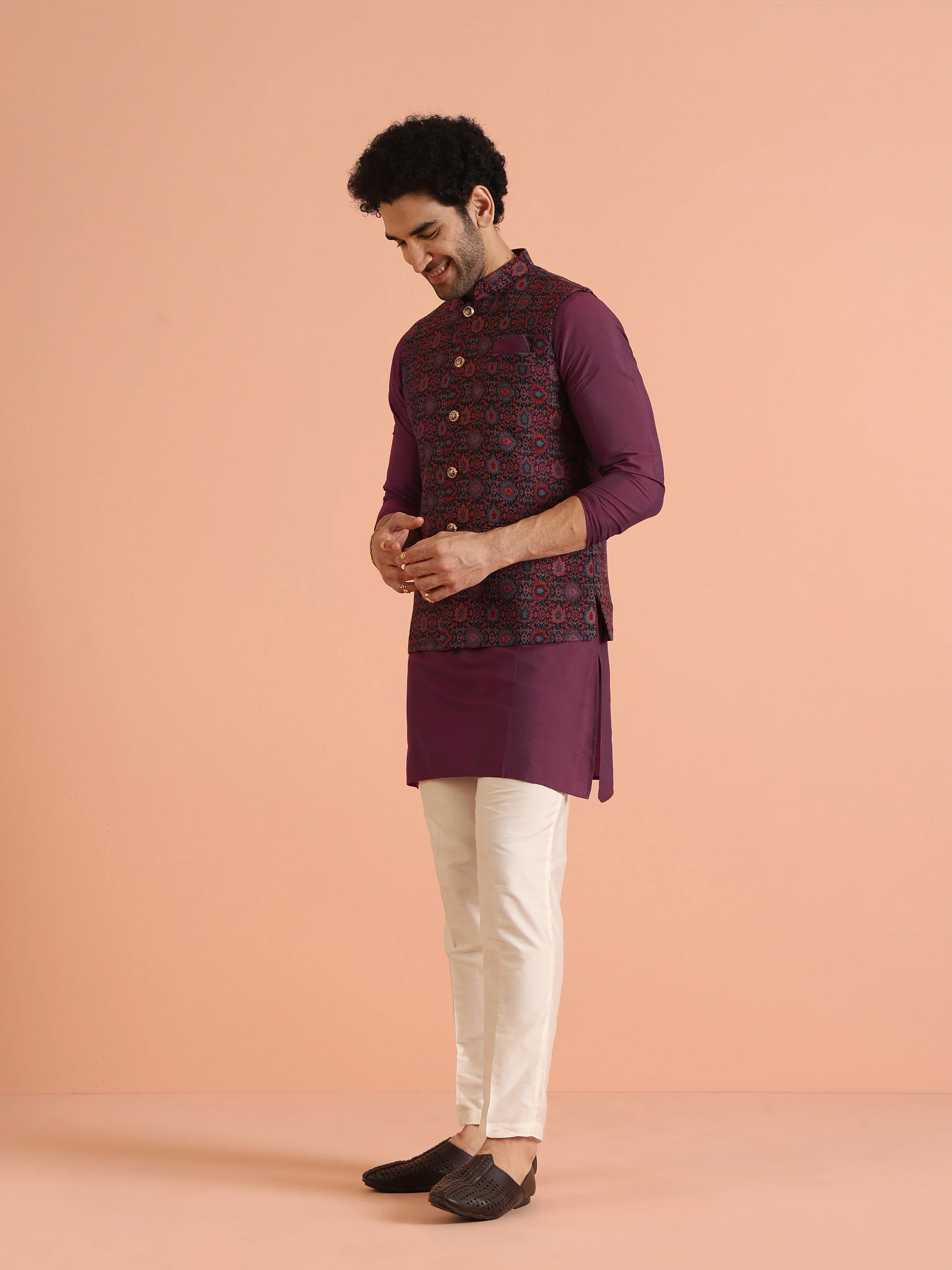 Wine Silk Blend Printed Jacket Kurta Trouser Set - Image 4