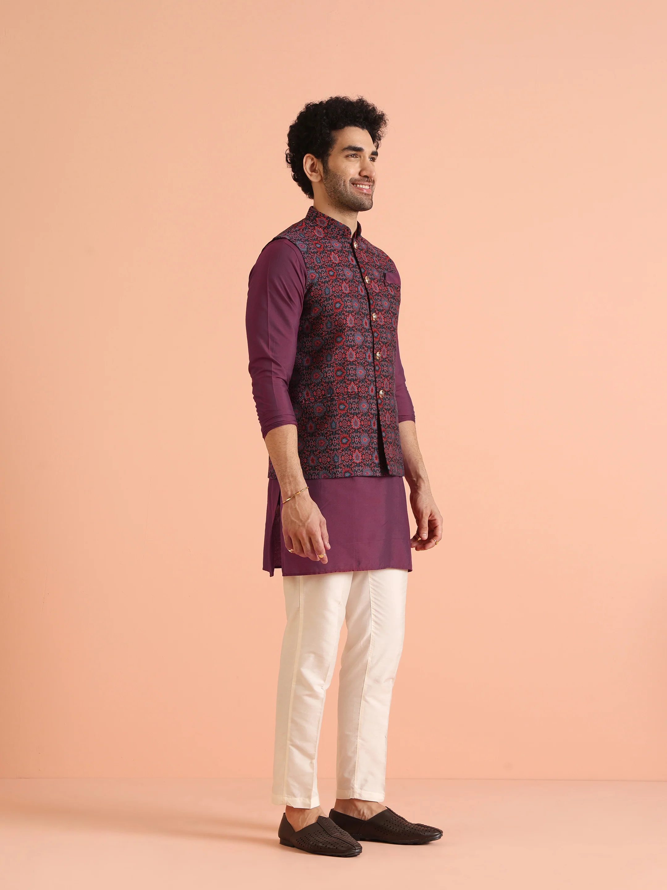 Wine Silk Blend Printed Jacket Kurta Trouser Set - Image 5