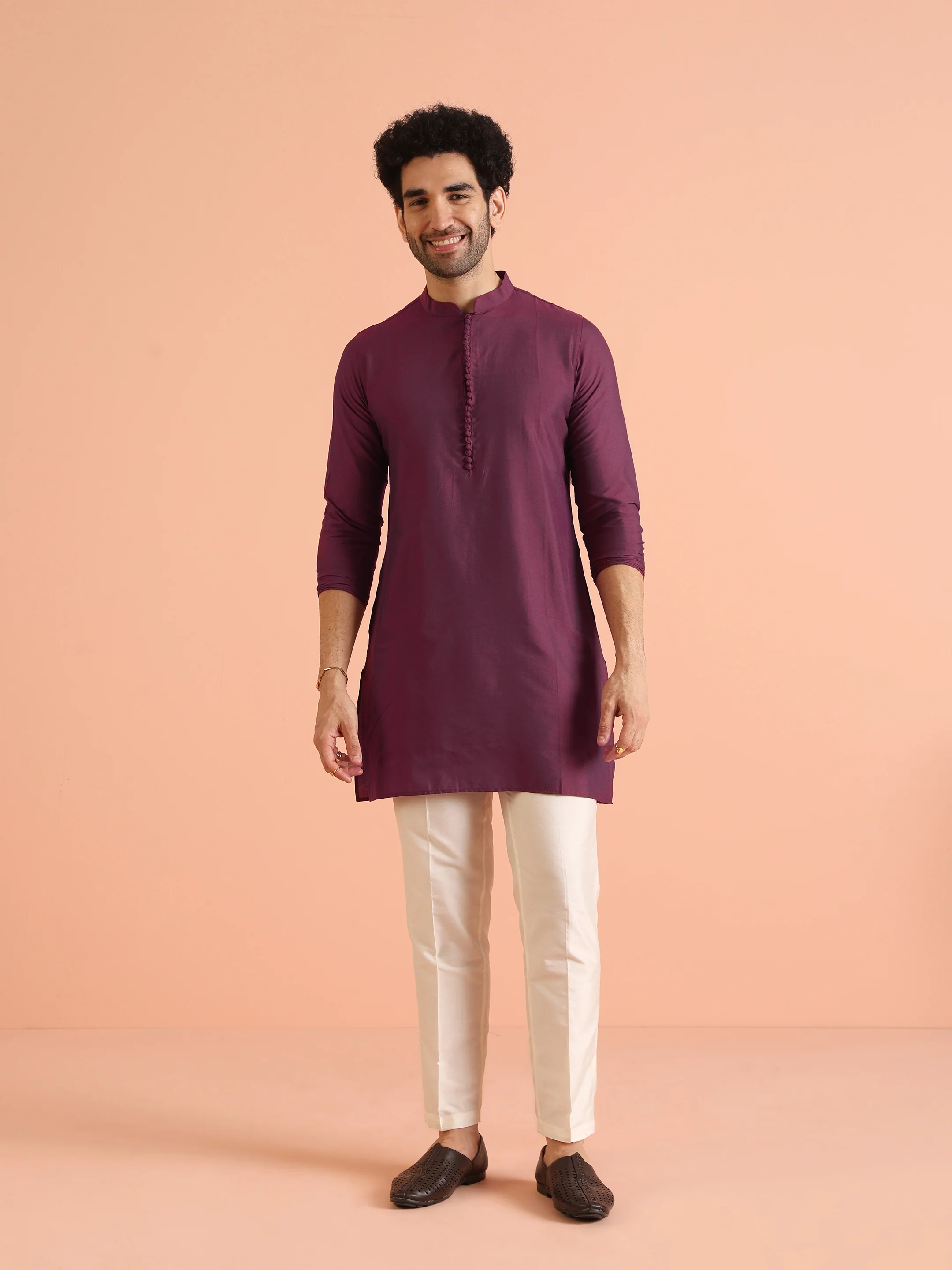 Wine Silk Blend Printed Jacket Kurta Trouser Set - Image 8