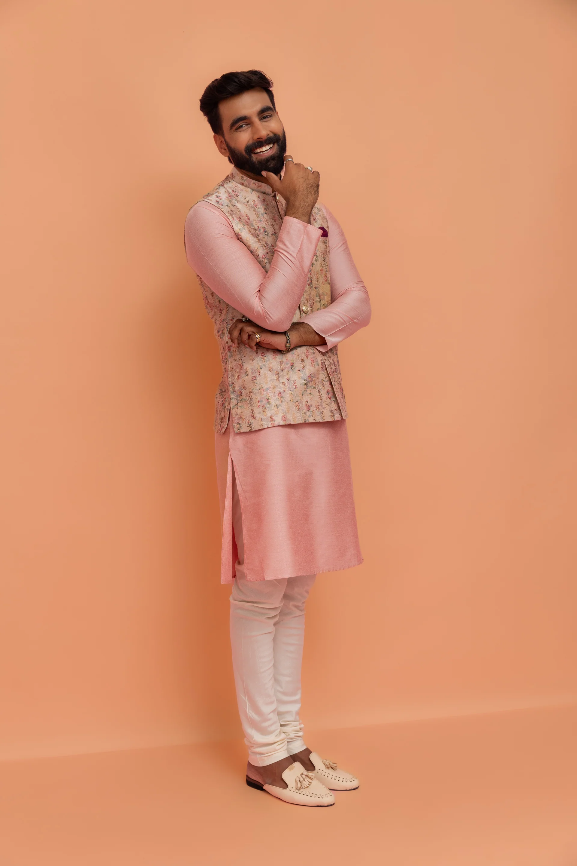 Pastel Pink Art Silk Printed Nehru Jacket - Image 4