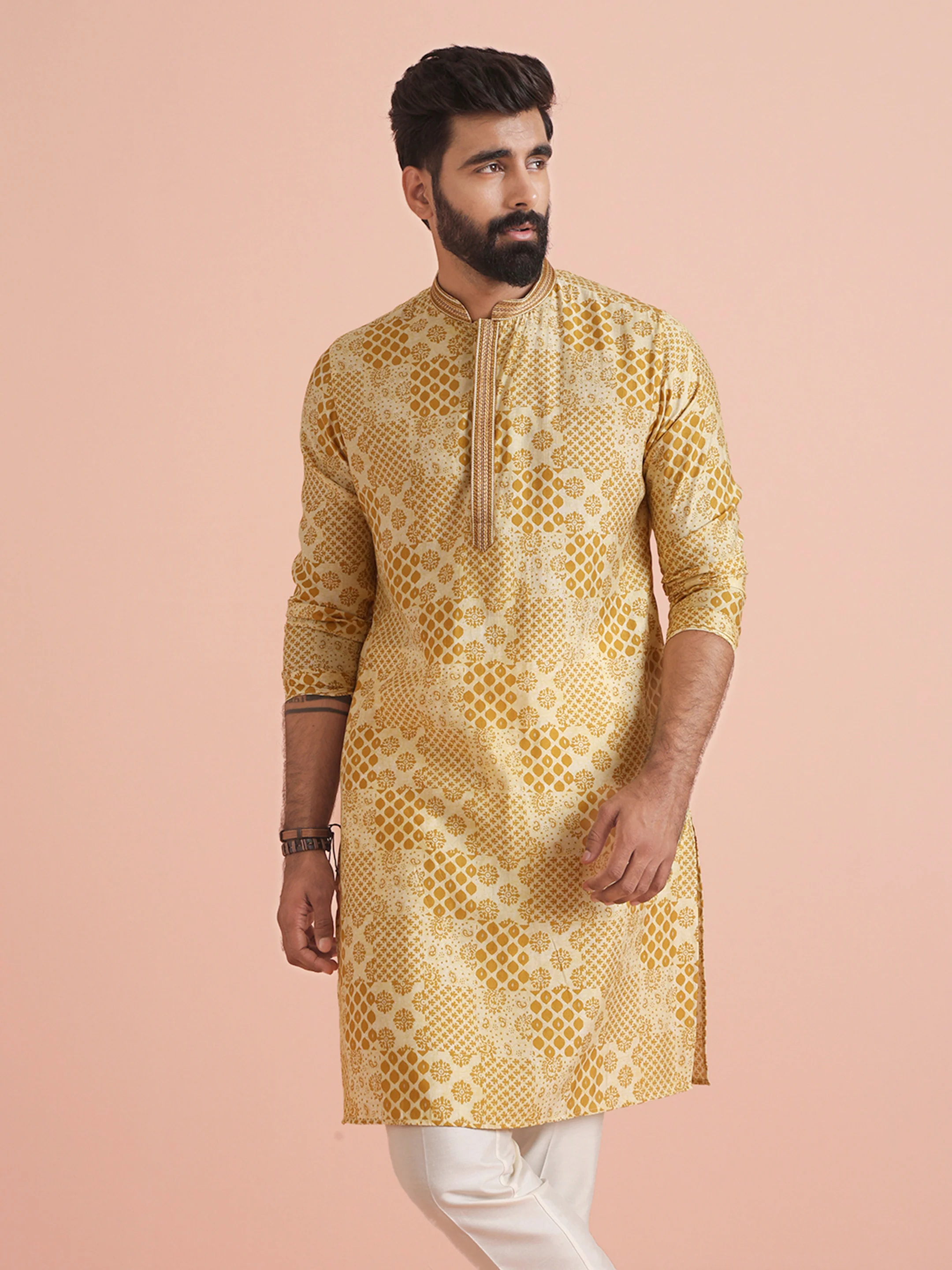 Men Mustard Ethnic Motifs Kurta - Image 3