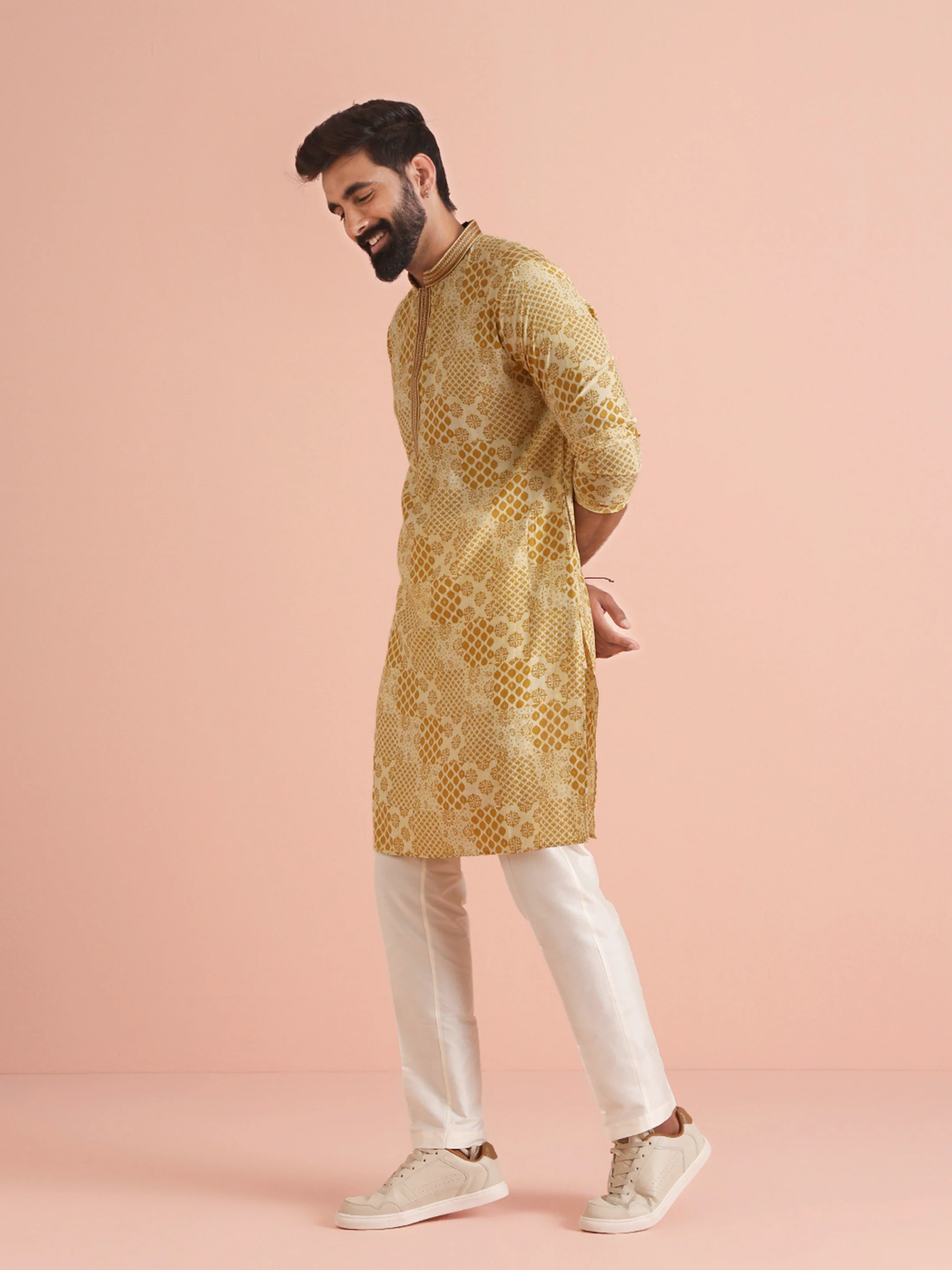 Men Mustard Ethnic Motifs Kurta - Image 4