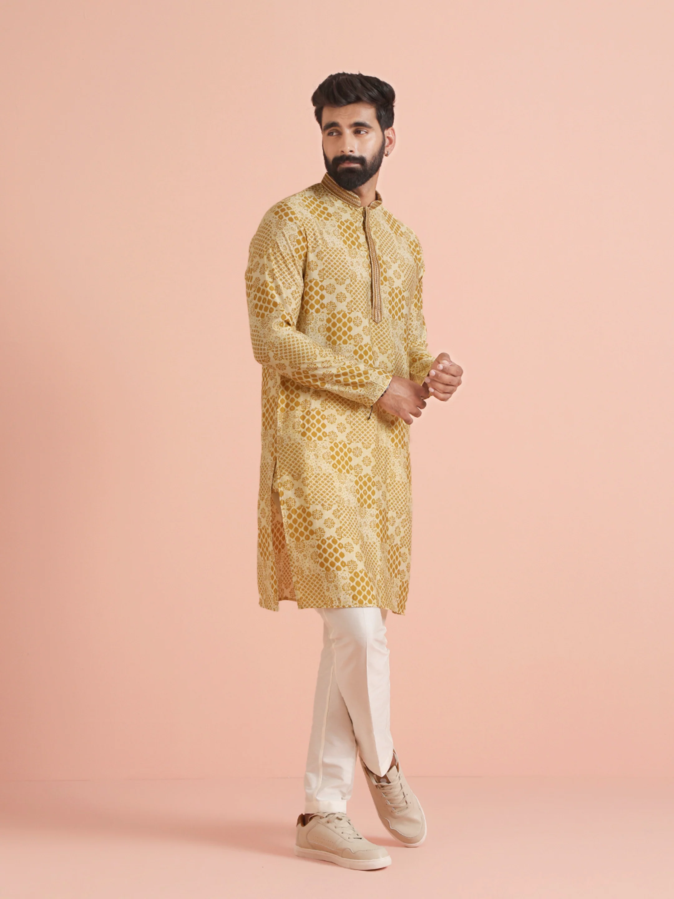 Men Mustard Ethnic Motifs Kurta - Image 5