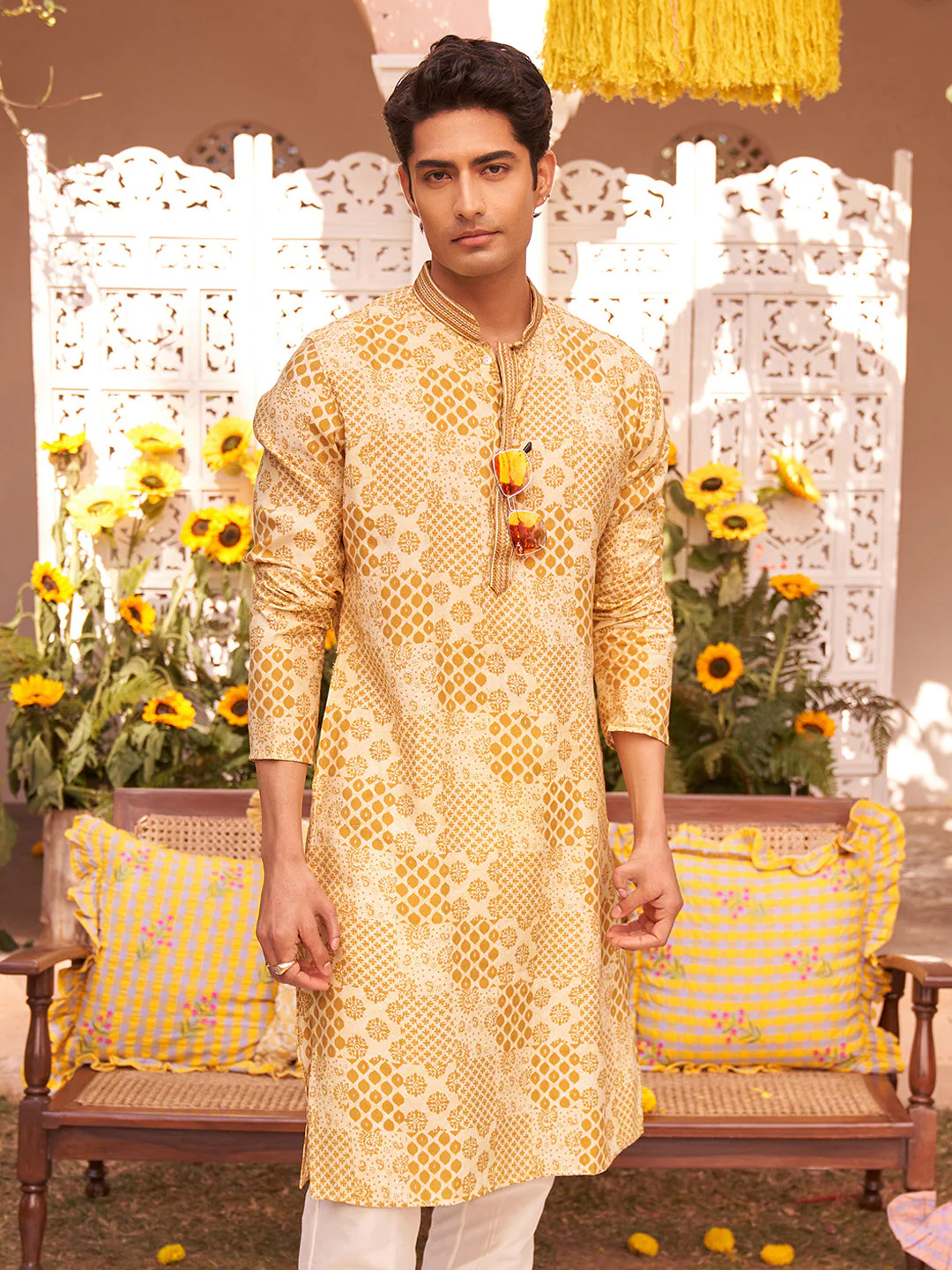Men Mustard Ethnic Motifs Kurta - Image 9