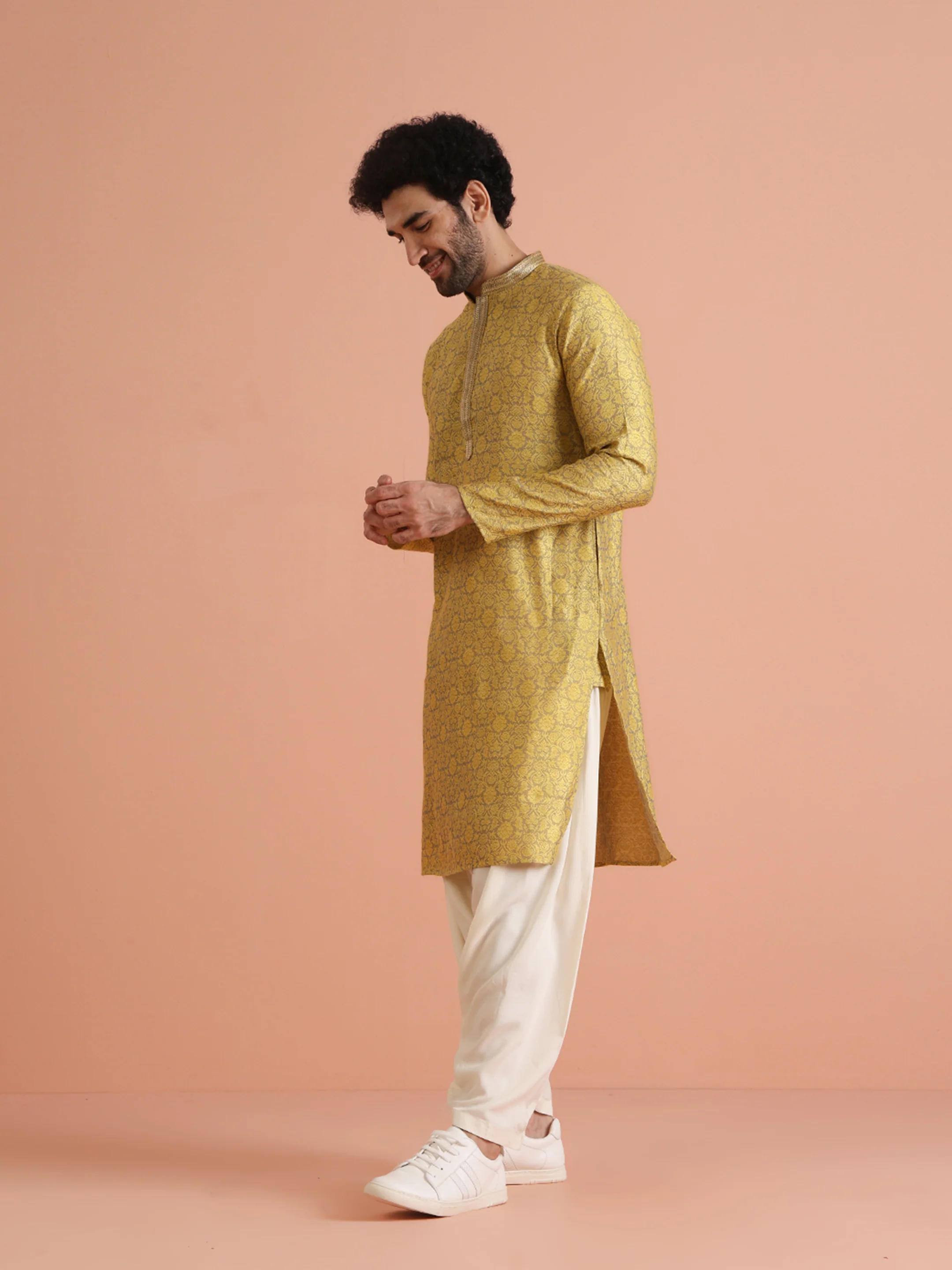Yellow Jacquard Woven Silk Blend Kurta - Image 3