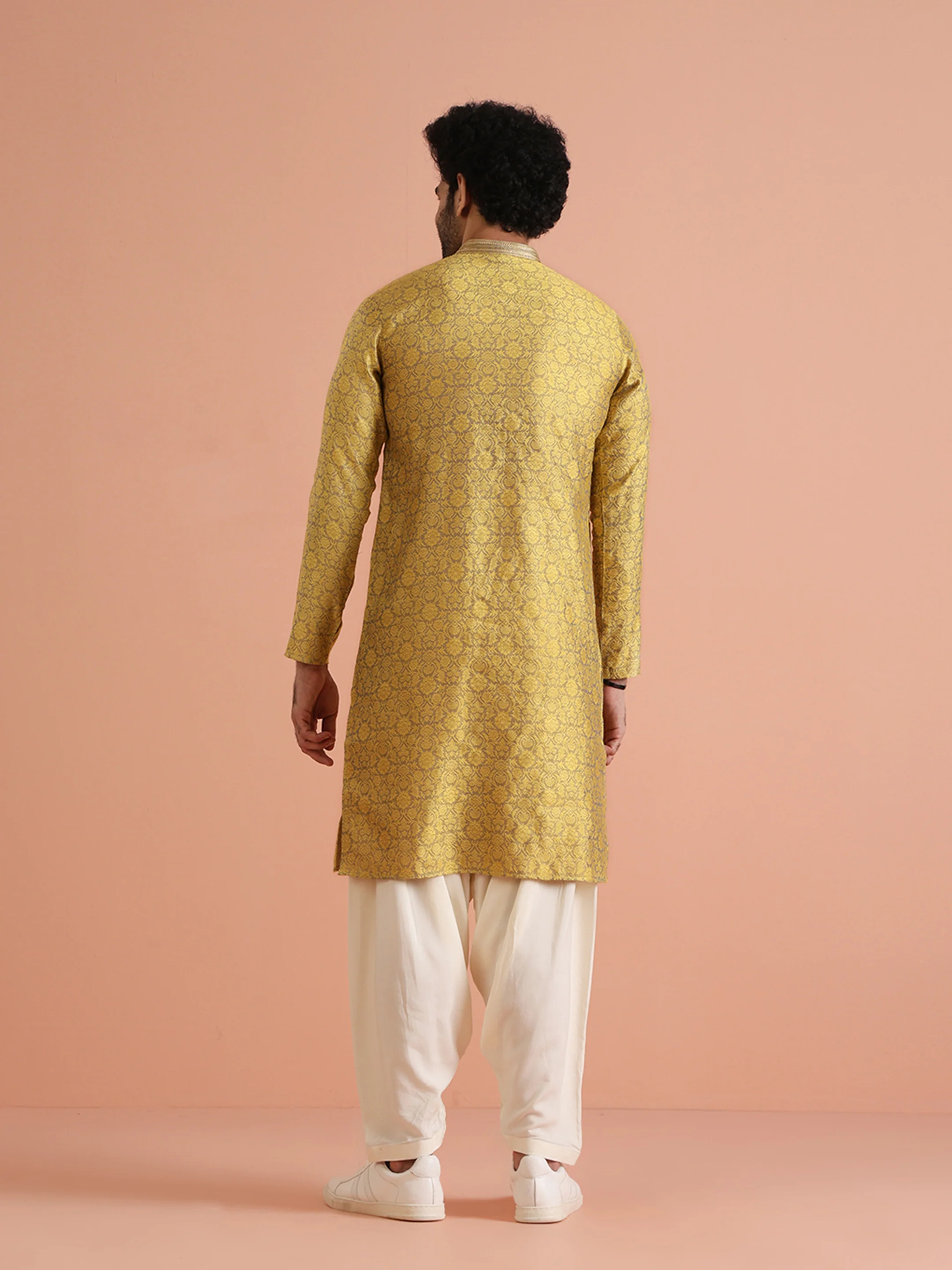 Yellow Jacquard Woven Silk Blend Kurta - Image 4