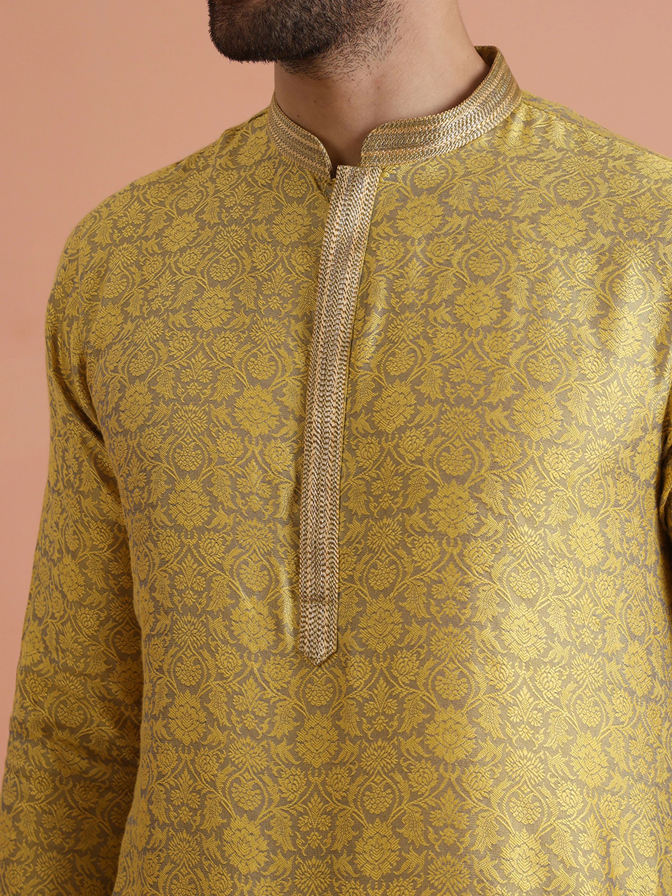 Yellow Jacquard Woven Silk Blend Kurta - Image 5