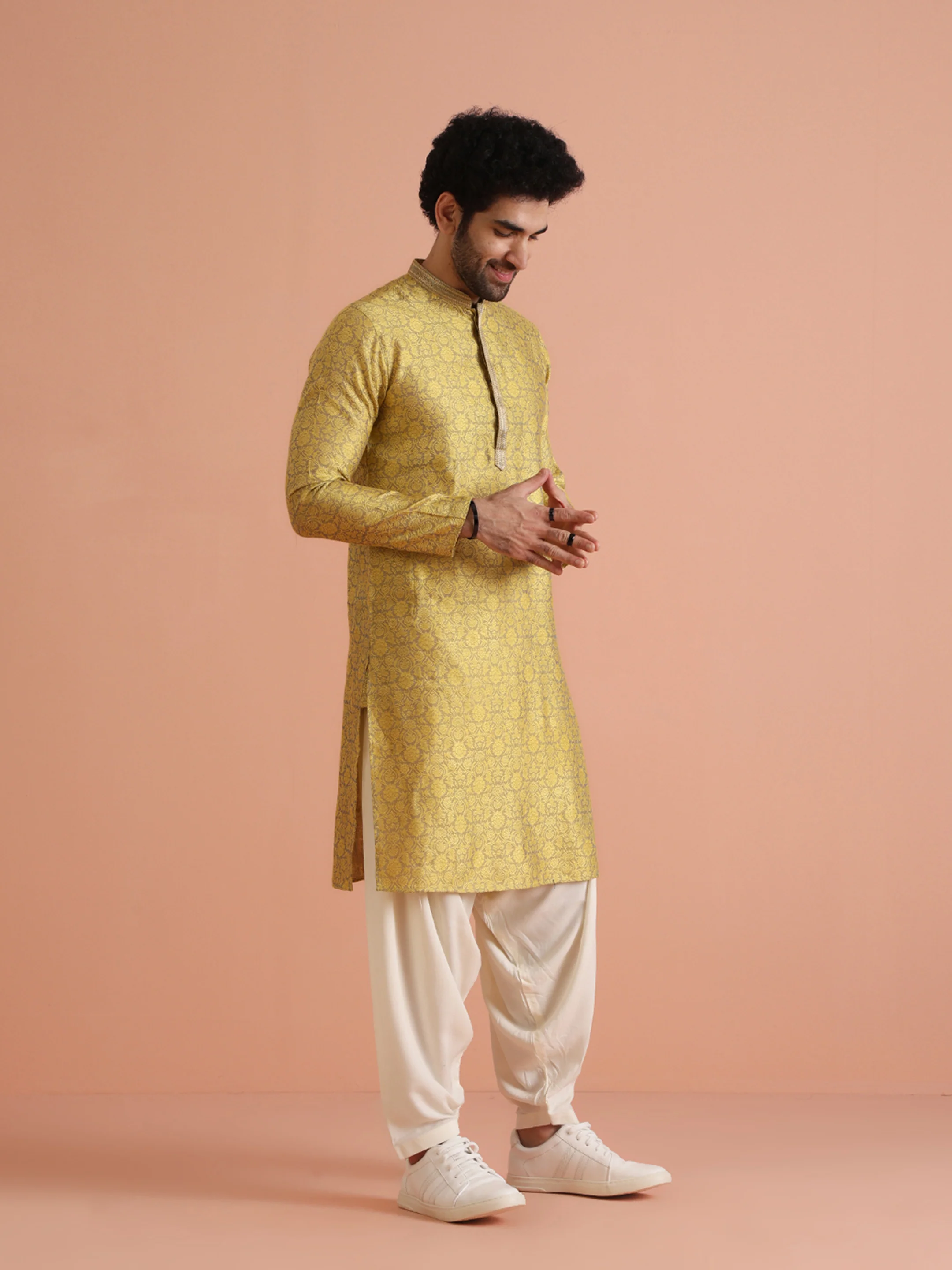 Mustard Yellow Jacquard Kurta Patiala Set - Image 7