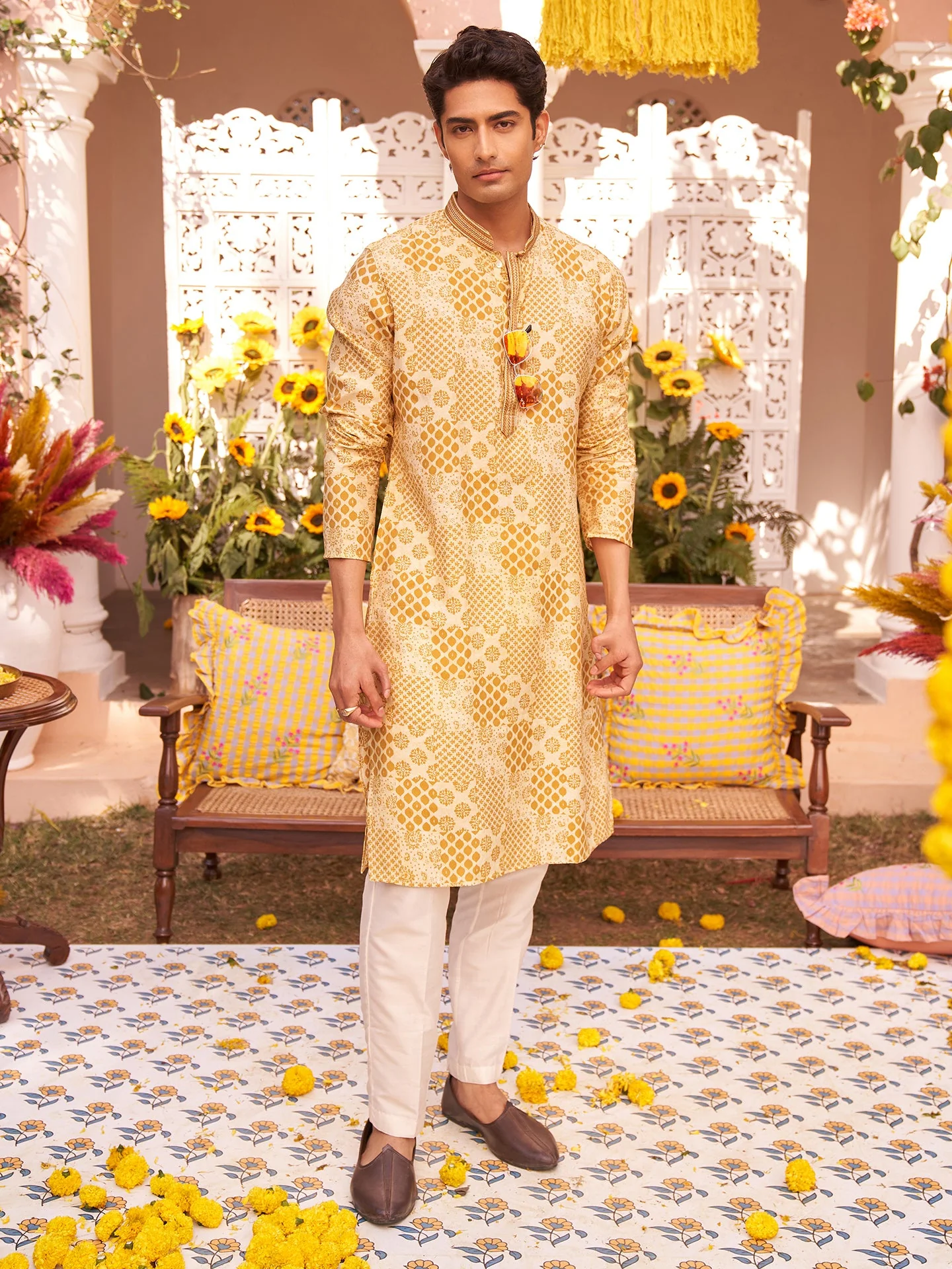 Men Mustard Ethnic Motifs Kurta Trouser Set - Image 10