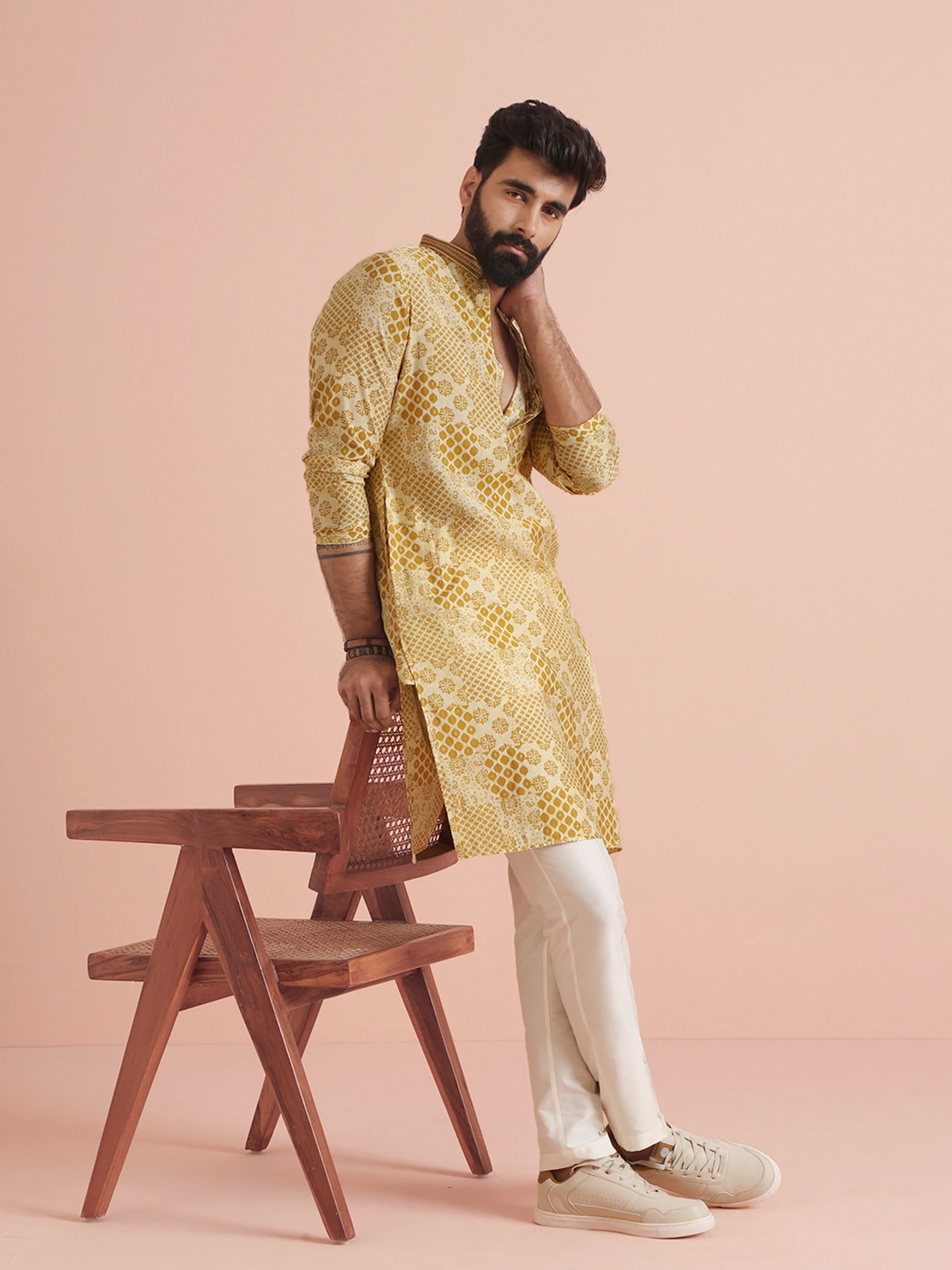 Men Mustard Ethnic Motifs Kurta Trouser Set - Image 2