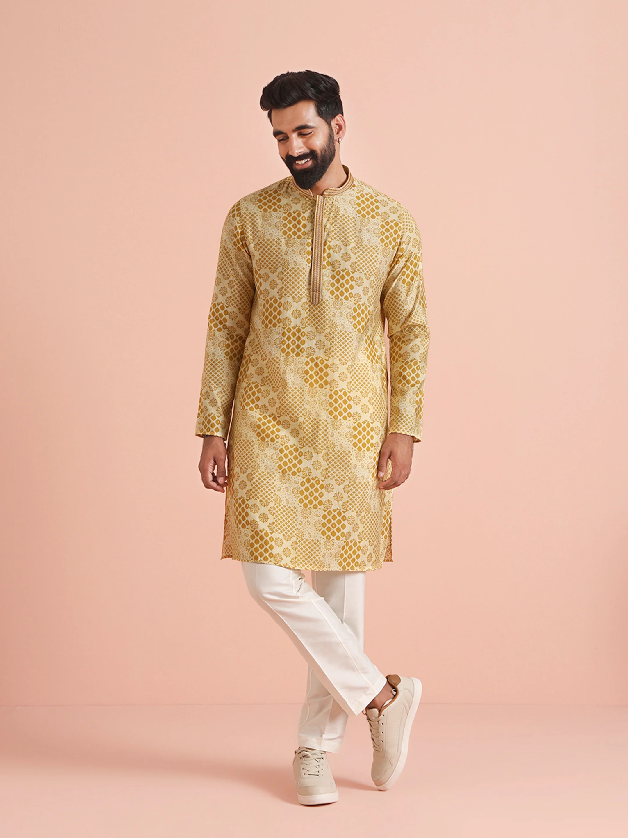 Men Mustard Ethnic Motifs Kurta Trouser Set - Image 3