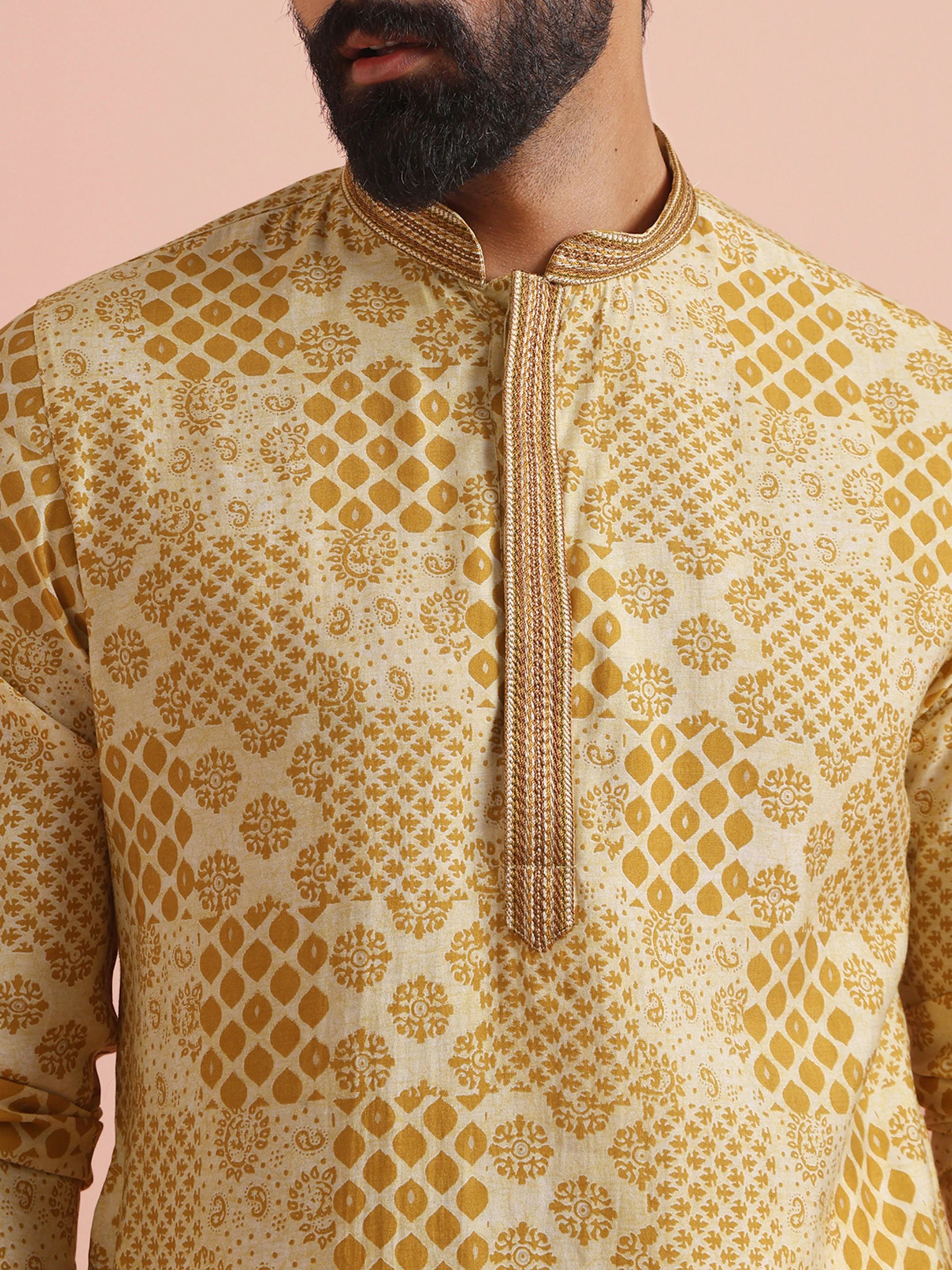 Men Mustard Ethnic Motifs Kurta Trouser Set - Image 7