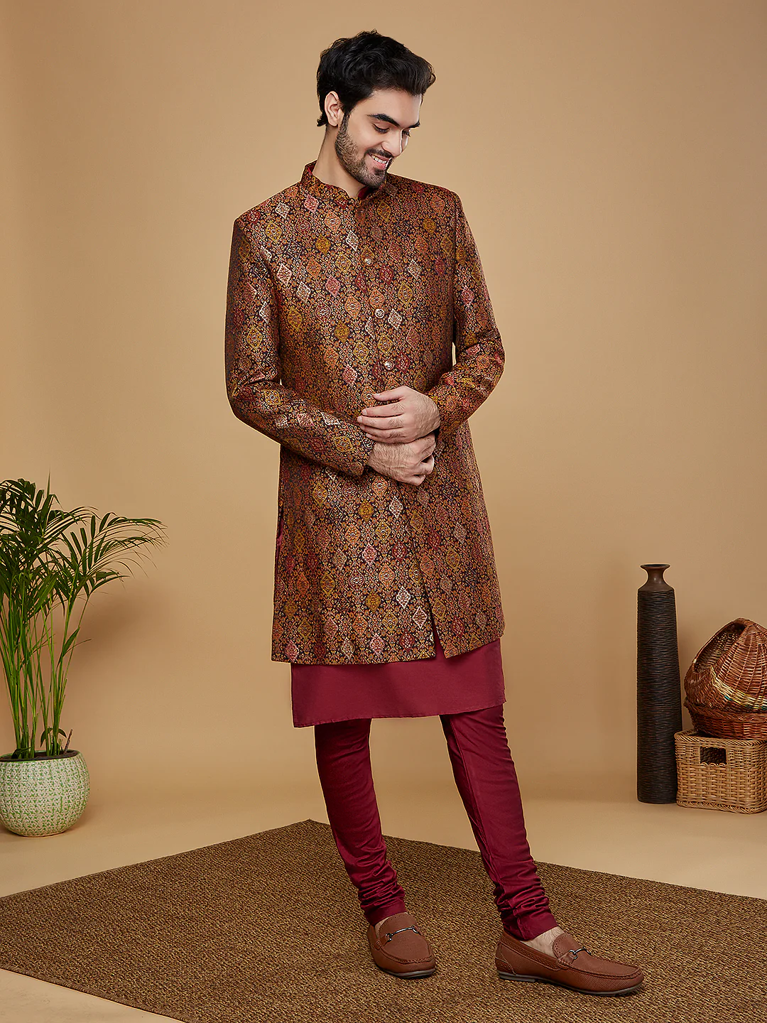 Men Mustard Kurta Sherwani Churidar Set - Image 2
