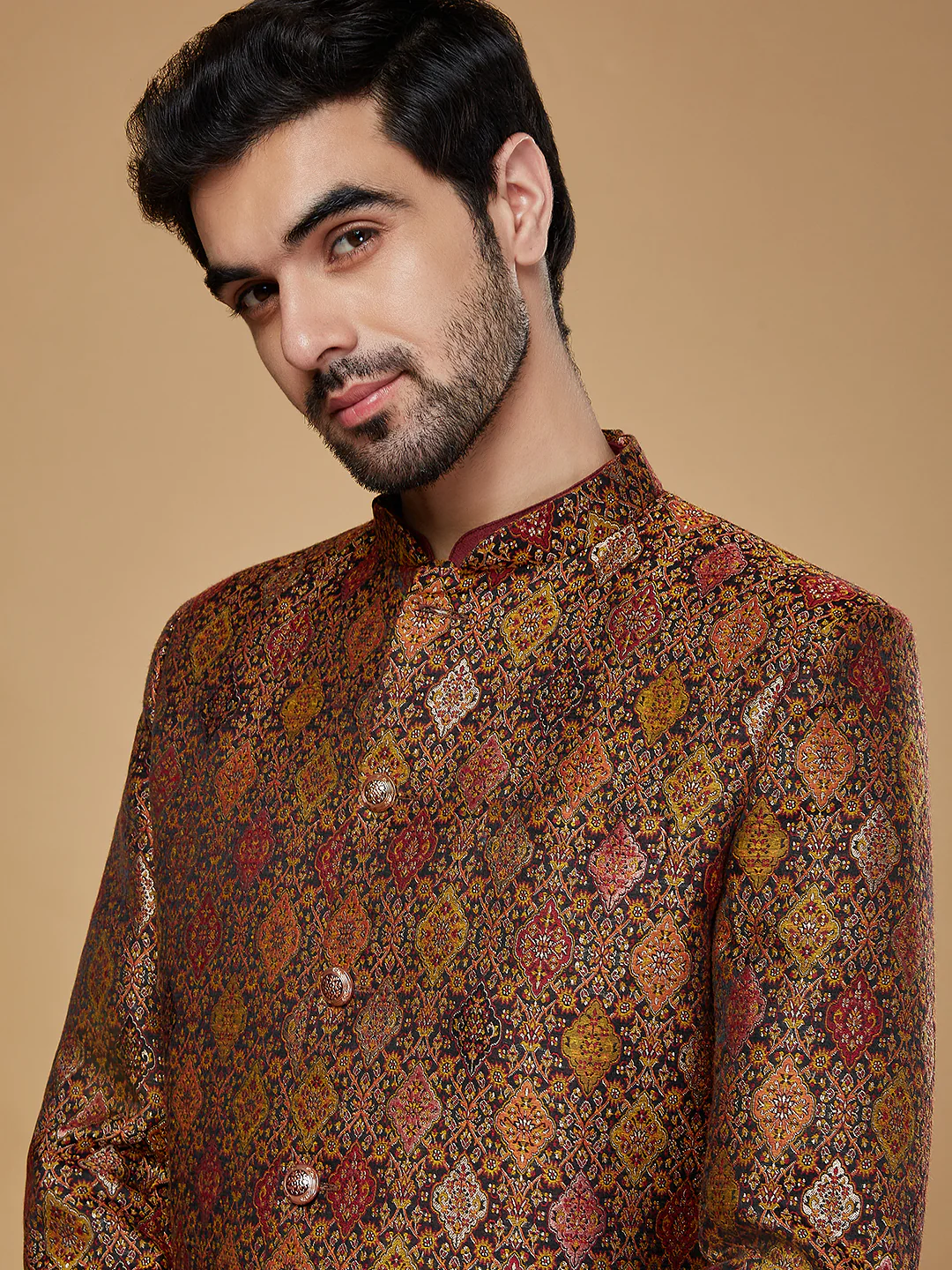 Men Mustard Kurta Sherwani Churidar Set - Image 5