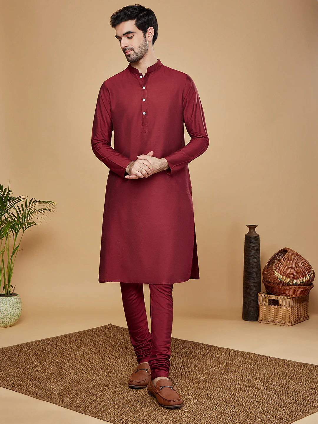 Men Mustard Kurta Sherwani Churidar Set - Image 6