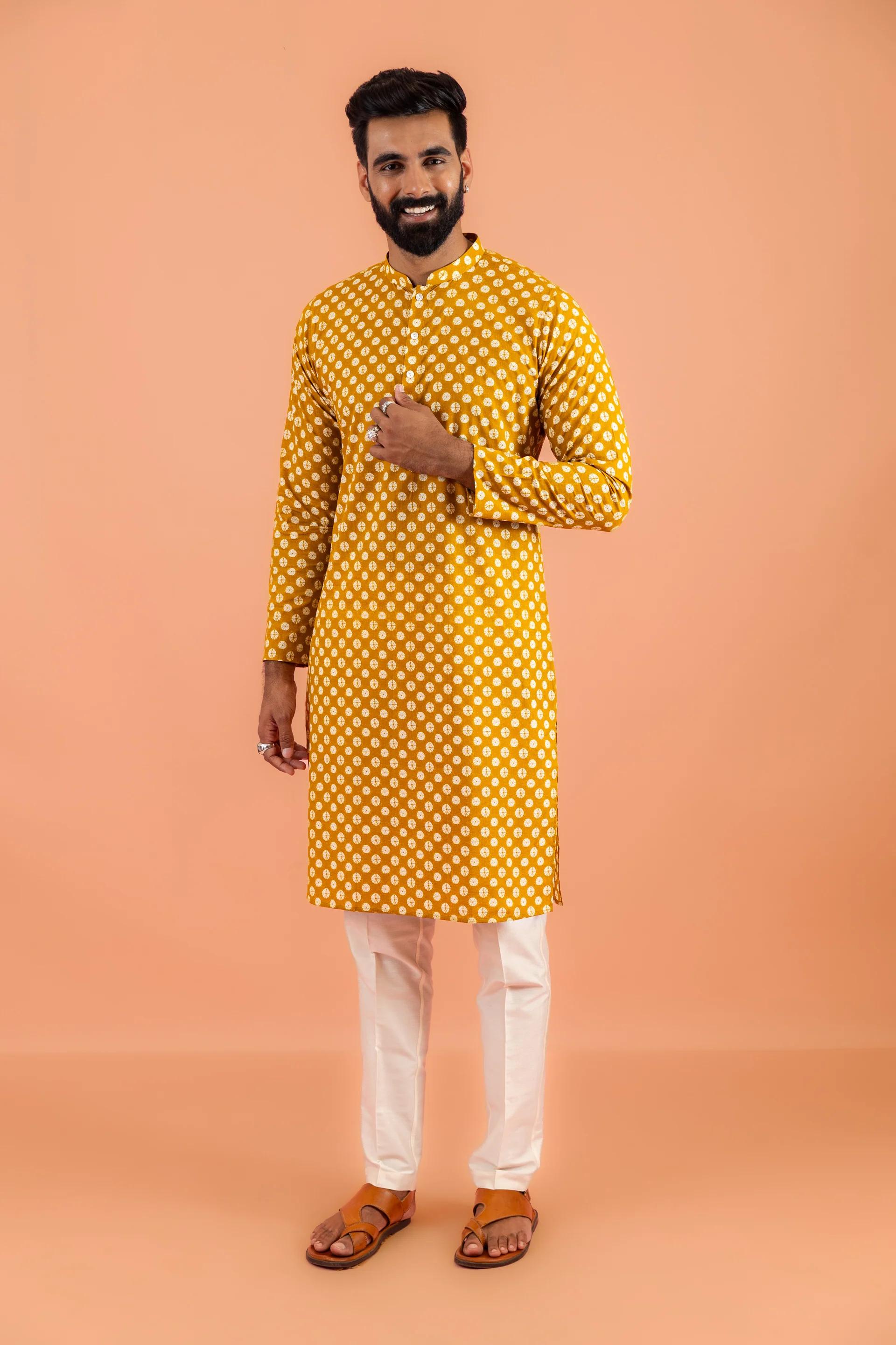 Mustard Yellow Printed Nehru Jacket Kurta Set - Image 7