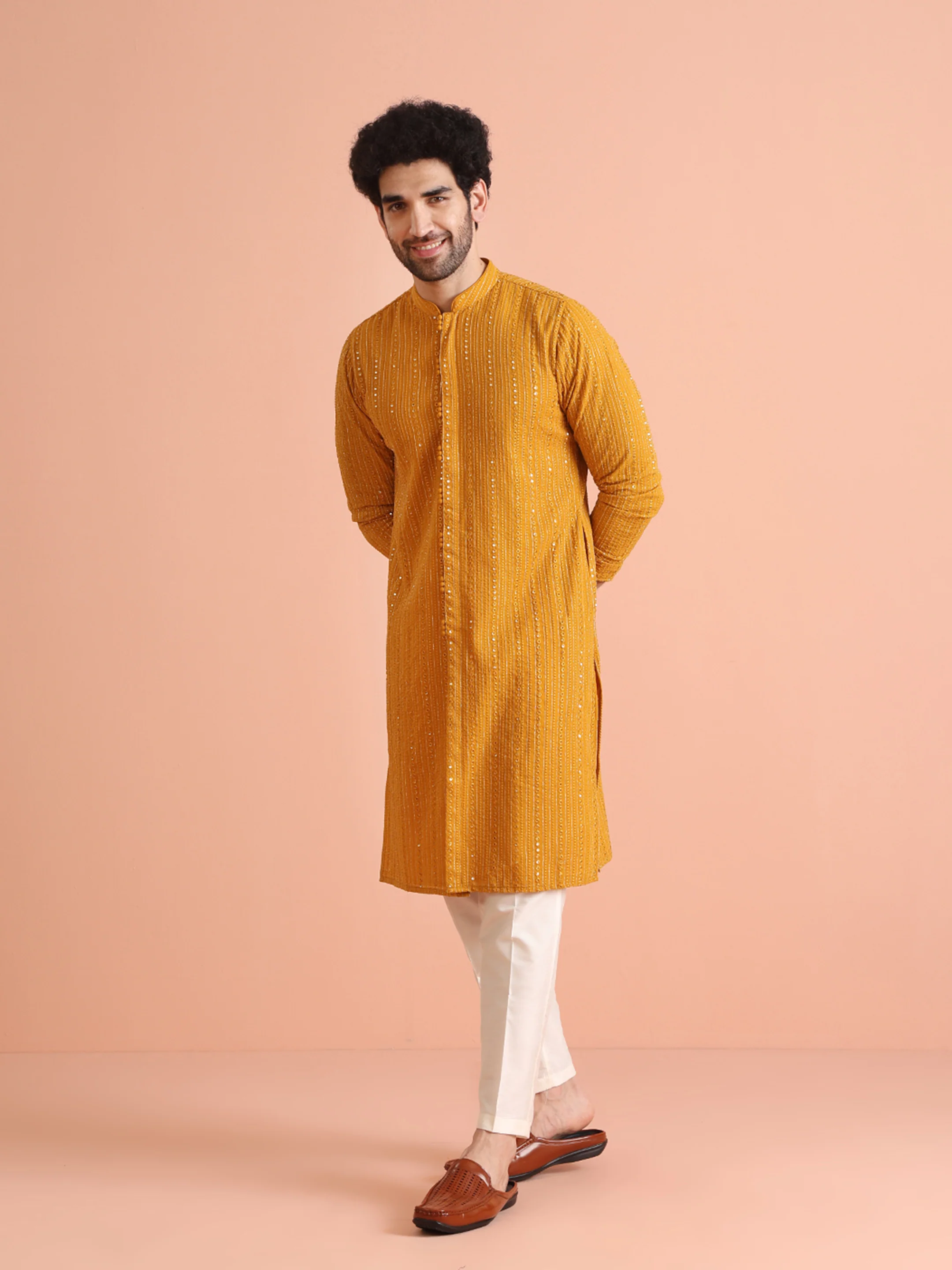 Mustard Mirror Work Kurta â€“ Festive & Wedding Wear - Image 3