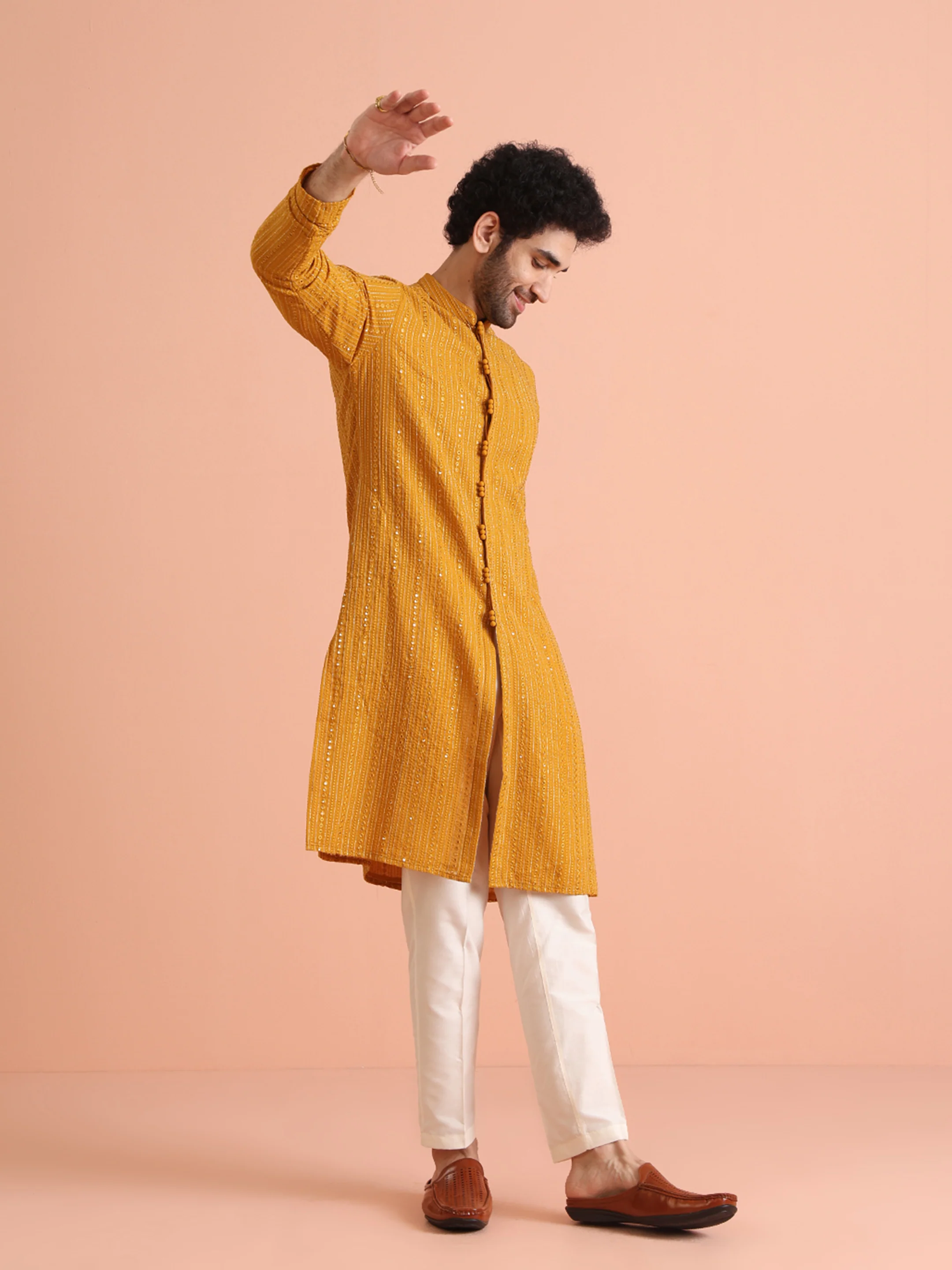 Men Mustard Sequinned Kurta Trouser Set - Image 7