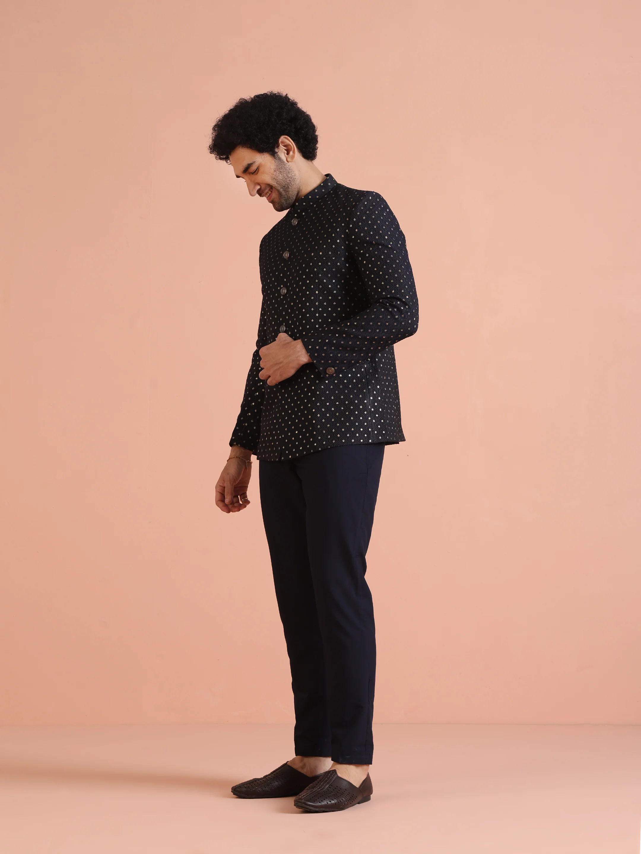 Black & Navy Blue Silk Blend Embroidered Jodhpuri Bandhgala - Image 4