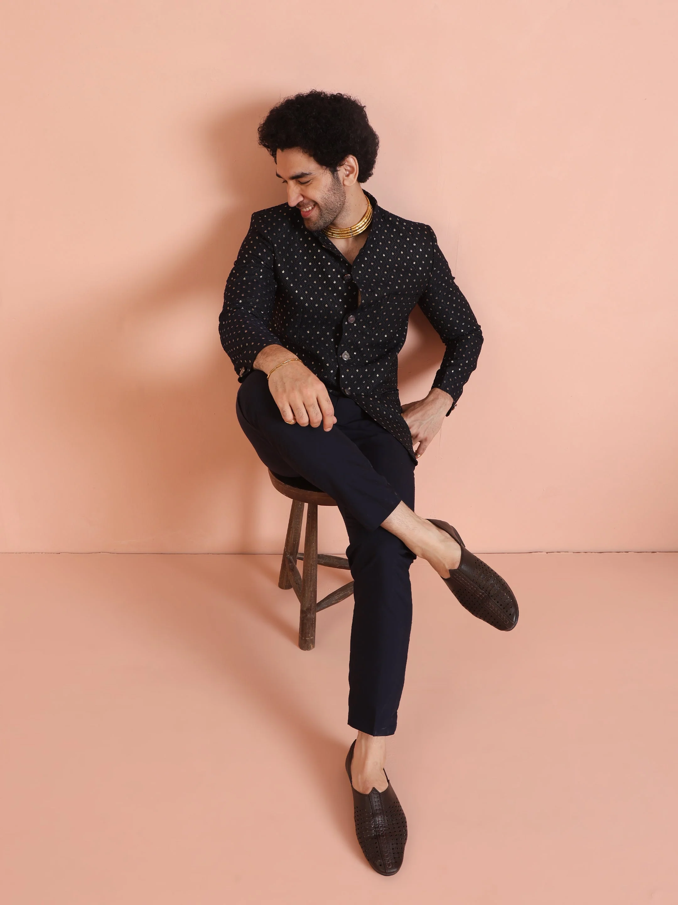 Black & Navy Blue Silk Blend Embroidered Jodhpuri Bandhgala - Image 9