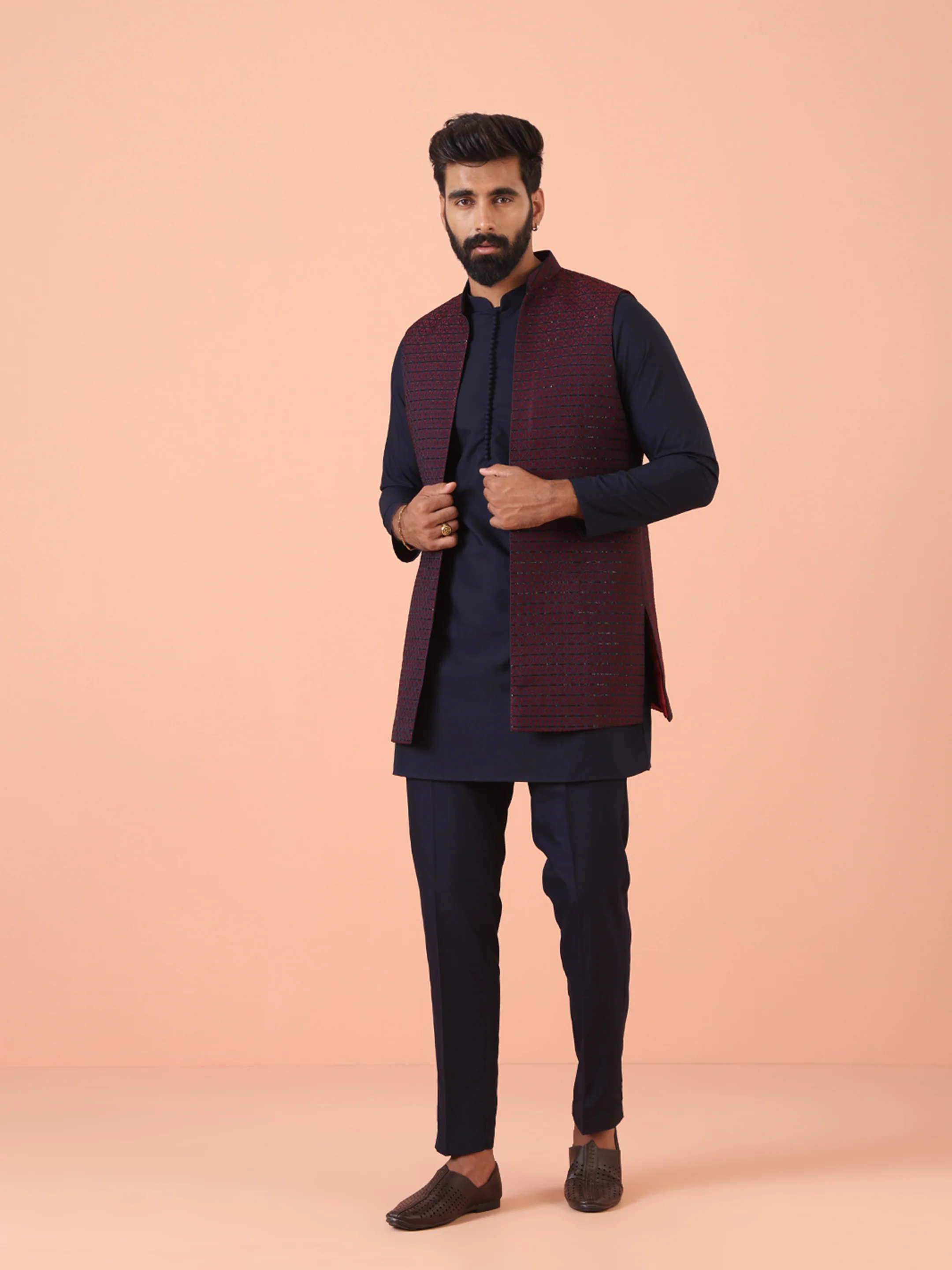 Navy Silk Blend Maroon Mirror Work Nehru Jacket Set - Image 3