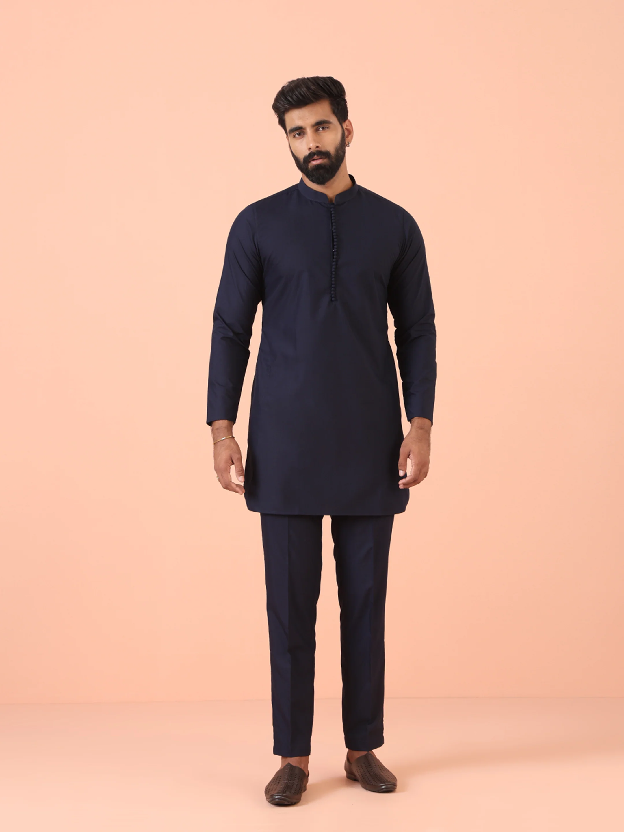 Navy Silk Blend Maroon Mirror Work Nehru Jacket Set - Image 4