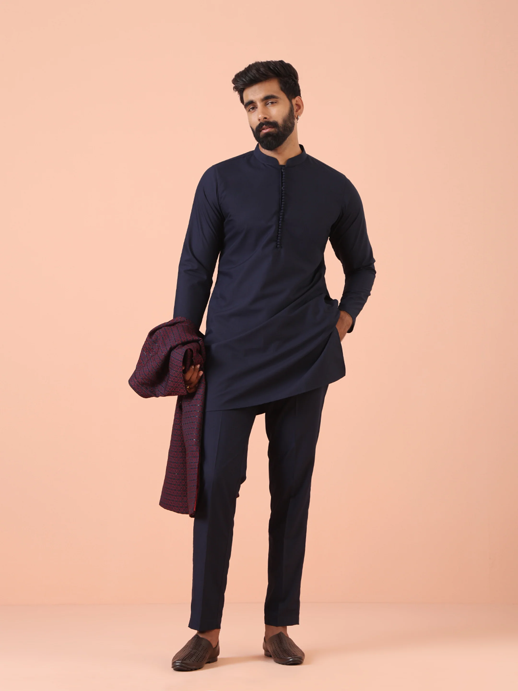 Navy Silk Blend Maroon Mirror Work Nehru Jacket Set - Image 7