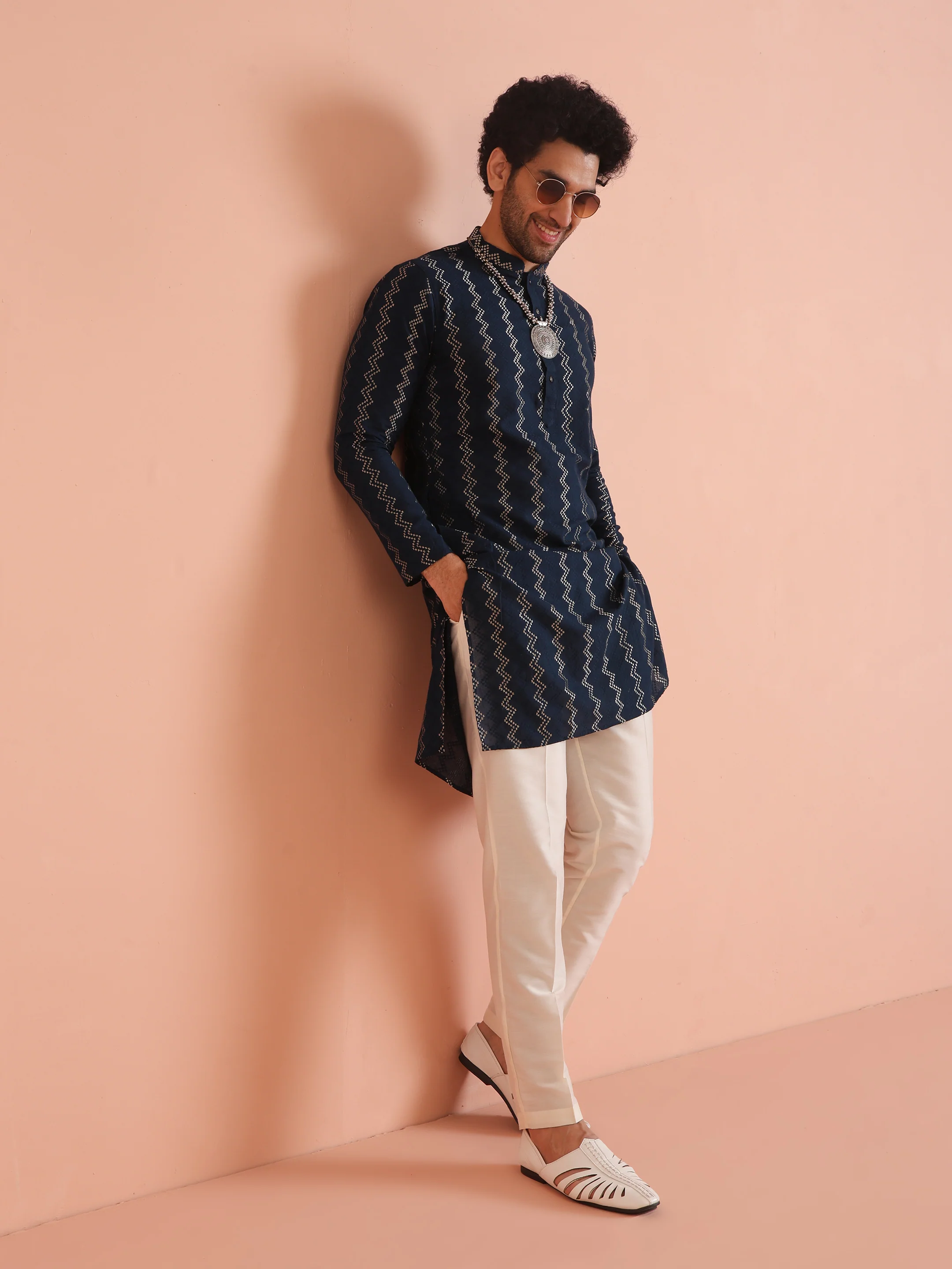 Teal Blue Jacquard Kurta Trouser Set - Image 2